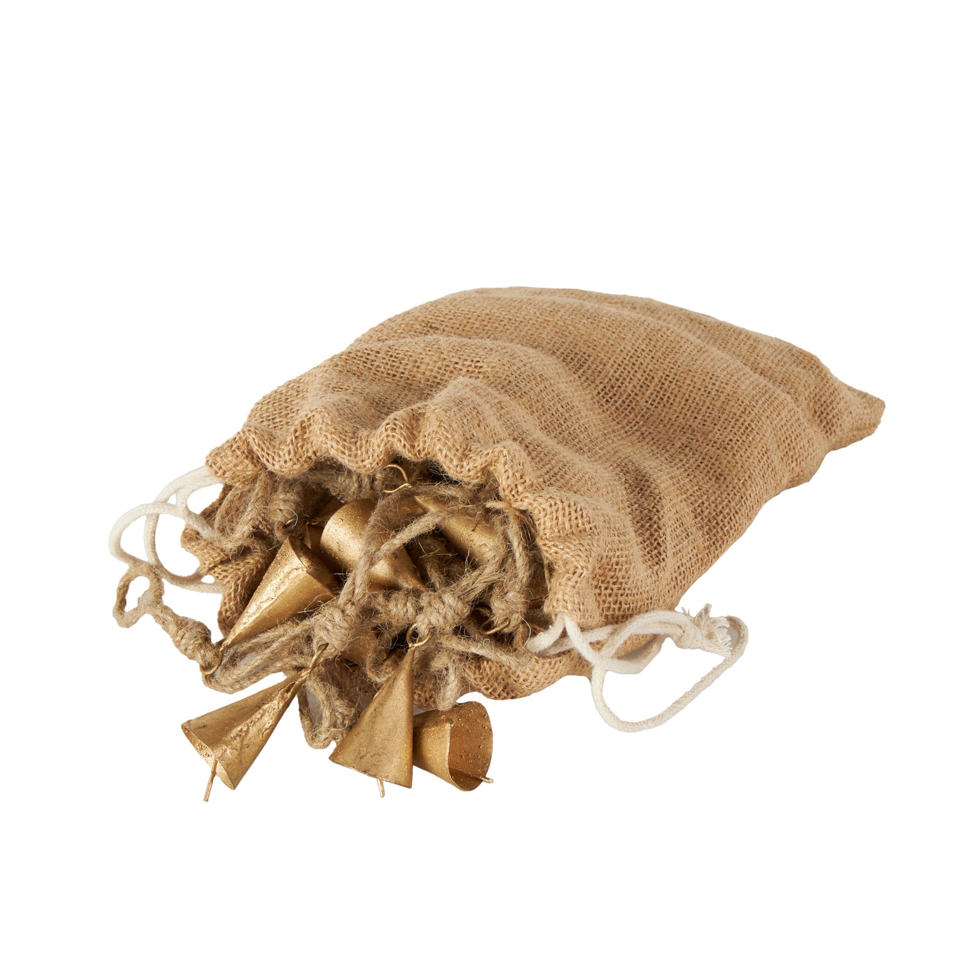 Set of 36 Bell Gold Metal Tibetan Inspired Indoor Outdoor Decorative Bells with Brown Jute Rope and Canvas Tote