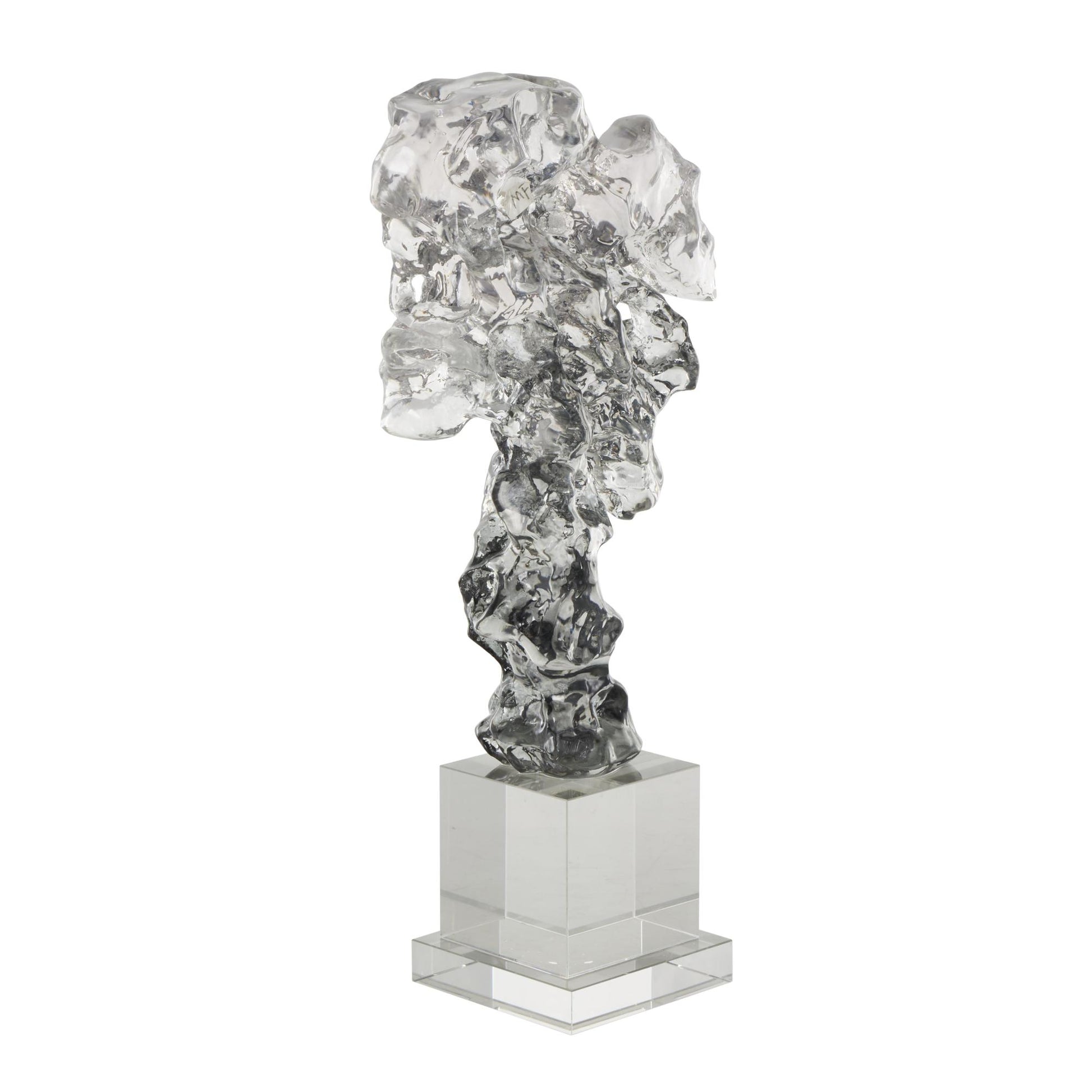 Abstract Clear Glass Handmade Freeform Decorative Sculpture with Clear Square Base