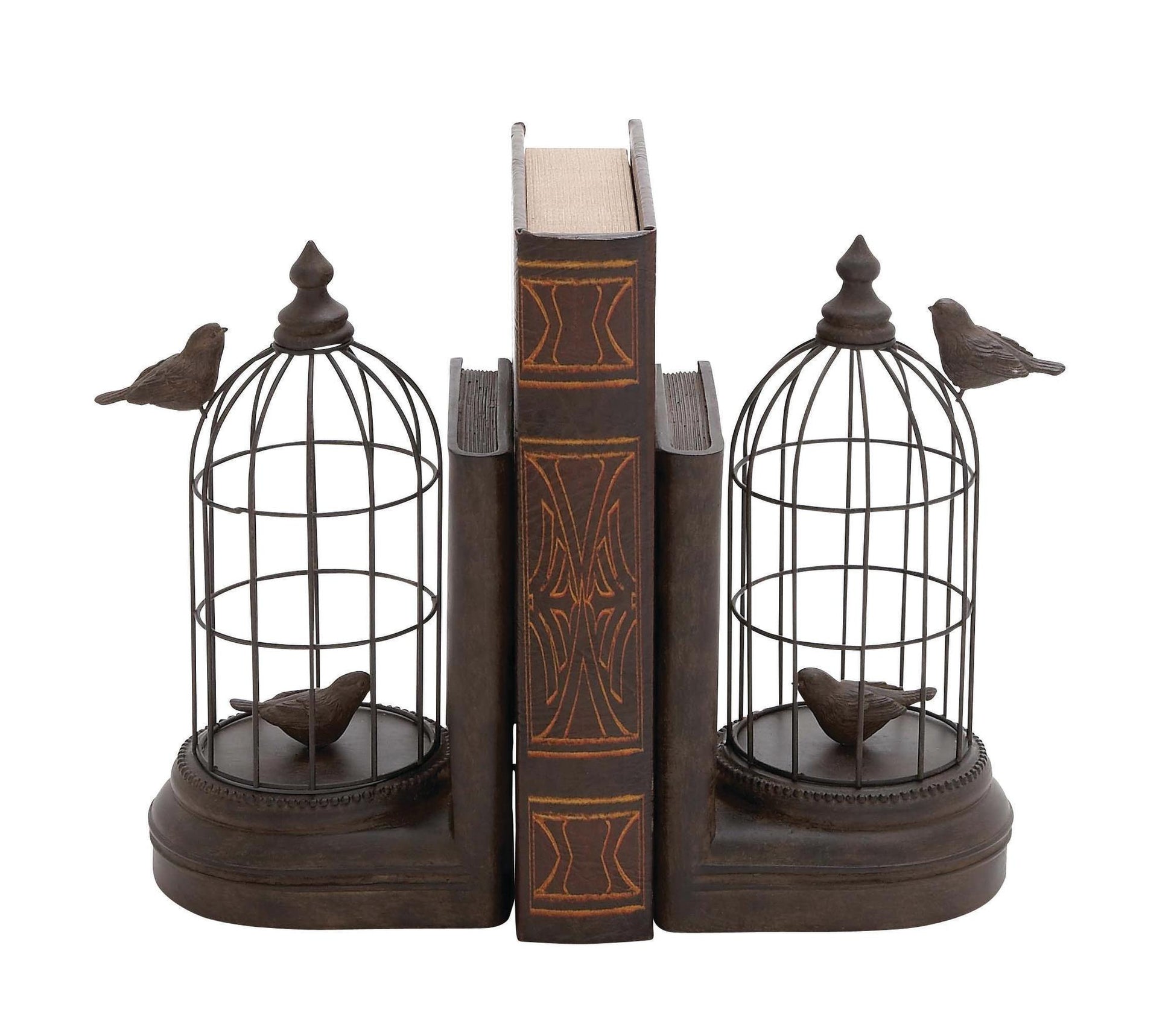 Set of 2 Bird Black Metal Decorative Bookends with Cages