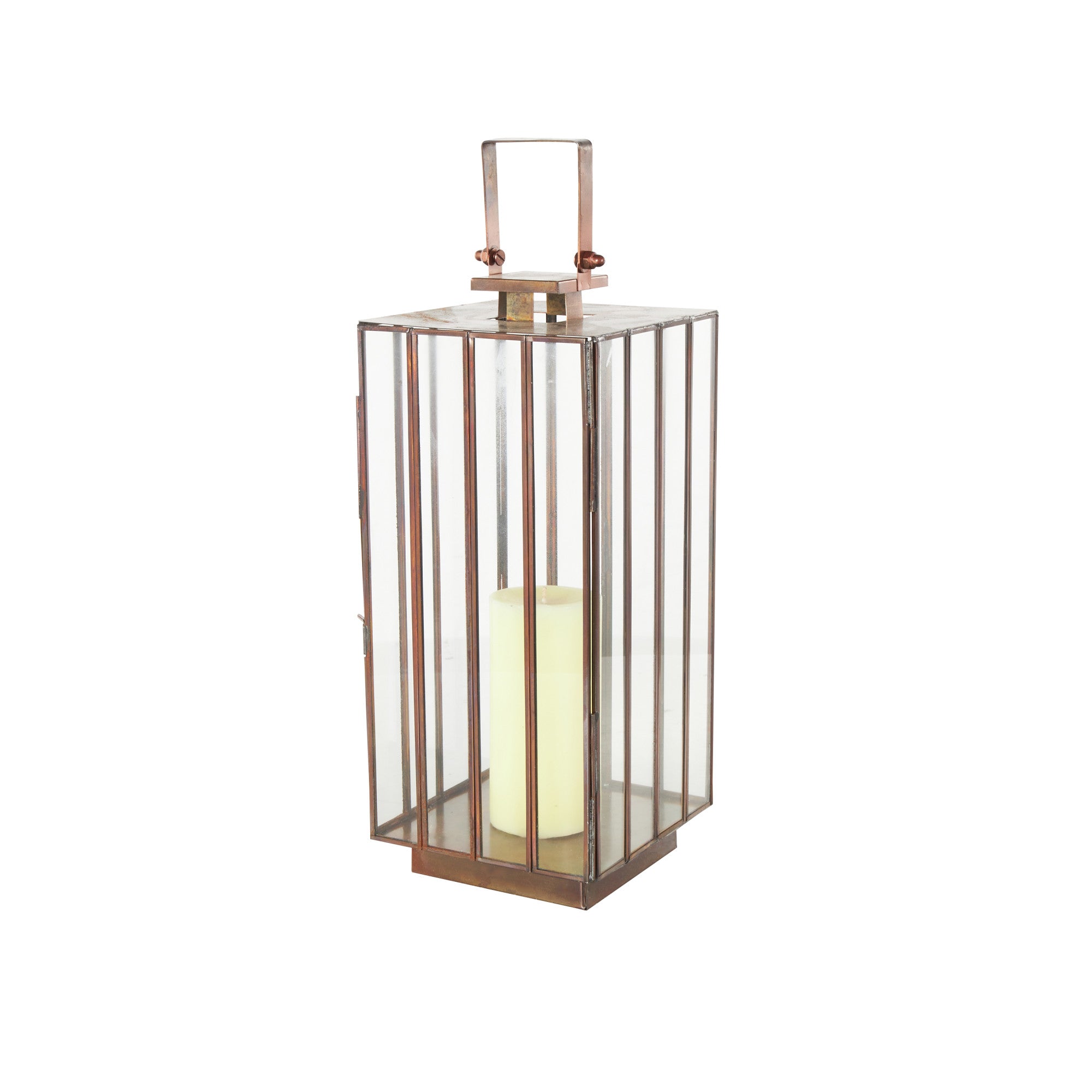 Copper Metal Indoor Outdoor Candle Lantern with Handle and Elevated Base