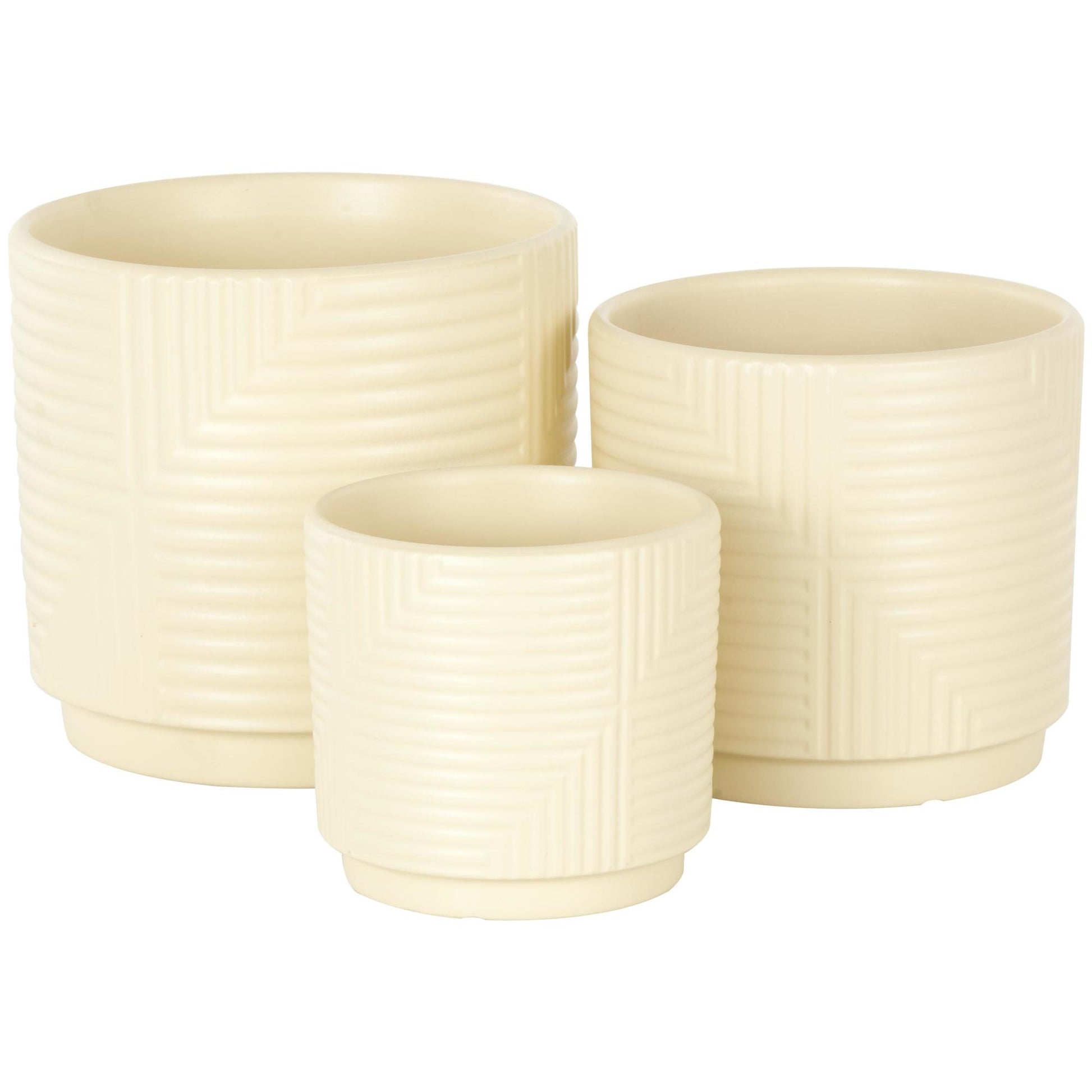 Set of 3 Geometric Ceramic Indoor Outdoor Planter with Layered Square Shaped Grooves