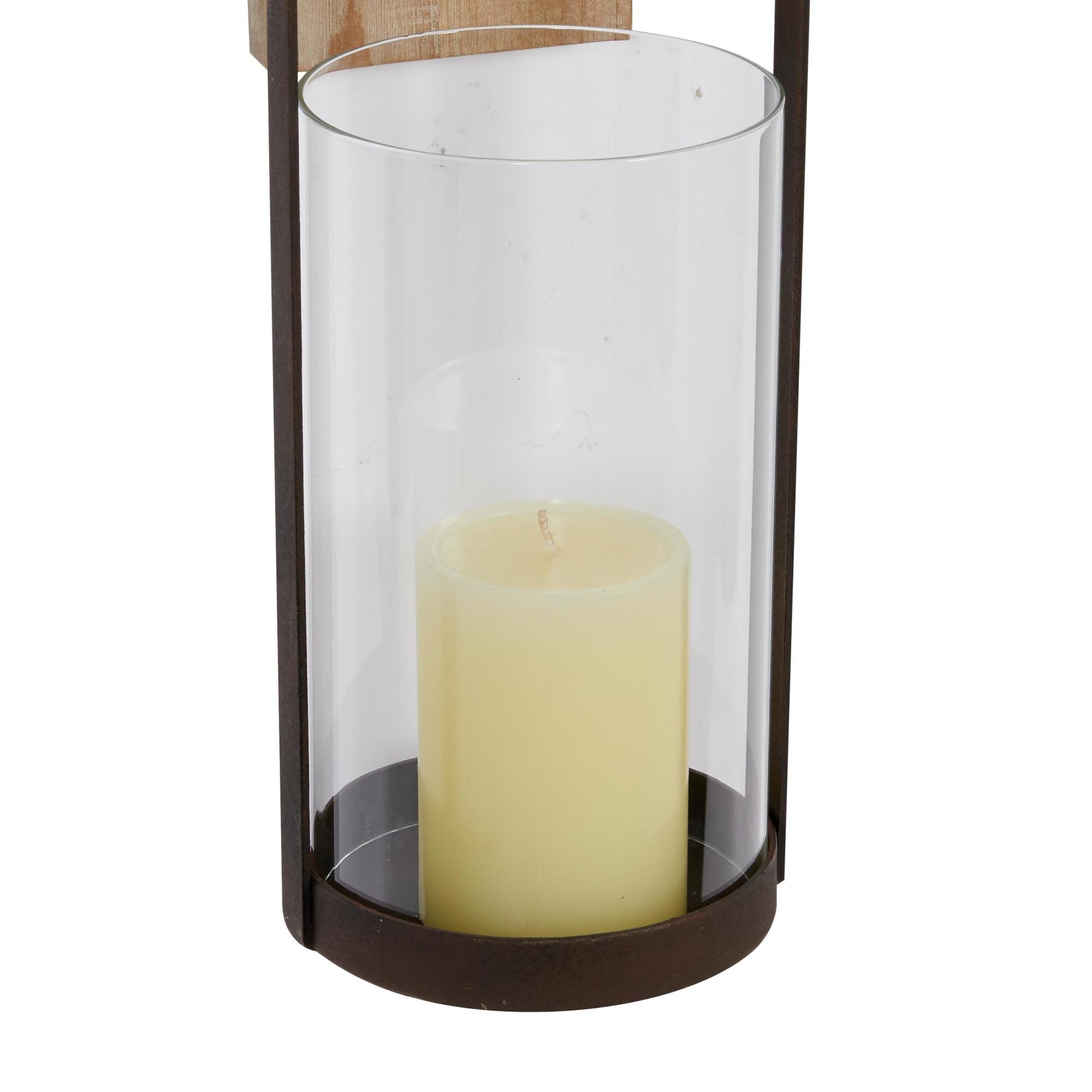 Abstract Brown Wood Indoor Outdoor Wall Sconce with Suspended Black Metal and Glass Holder