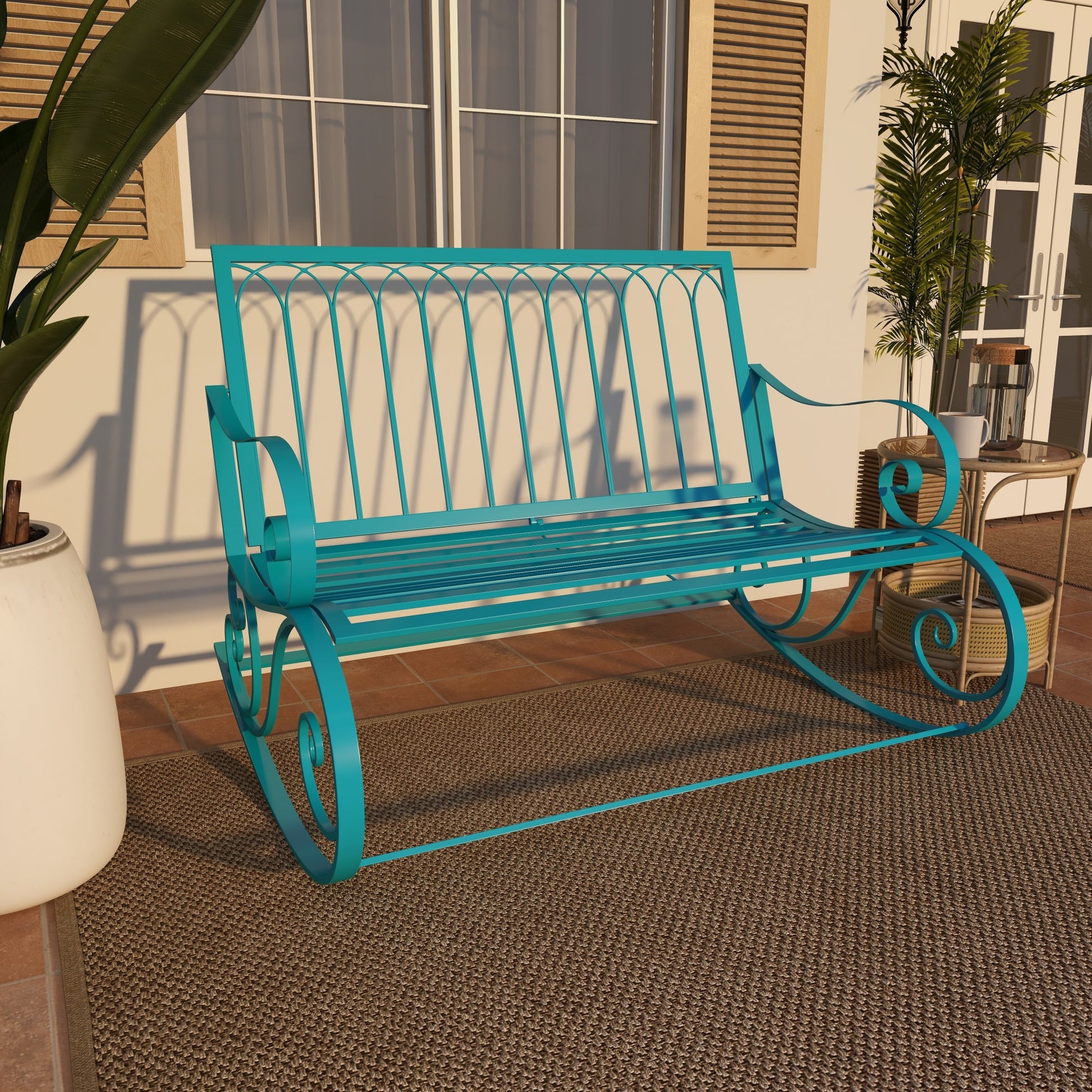 Scroll Teal Metal Rocking Patio Outdoor Bench
