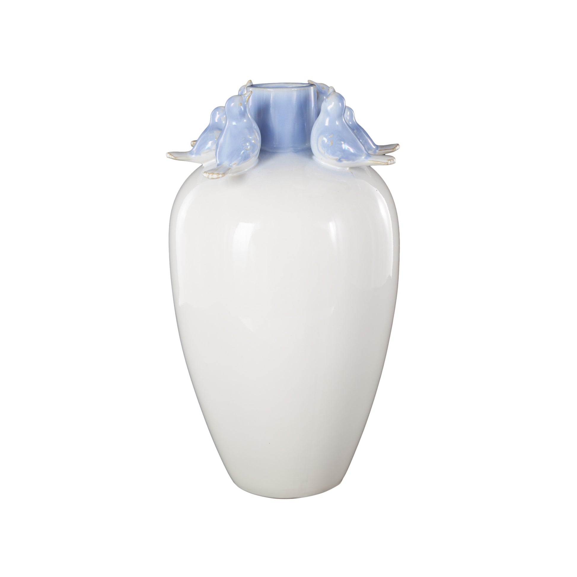 Bird White Ceramic Decorative Vase with Blue Accents