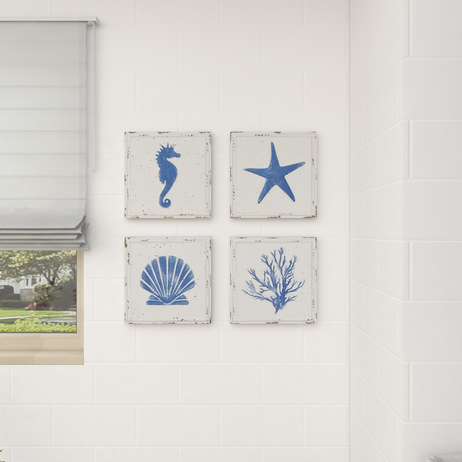 Set of 4 Sea Horse Metal Speckled Home Wall Decor with Starfish, Shell, and Coral Designs Set of 4 12"W, 12"H