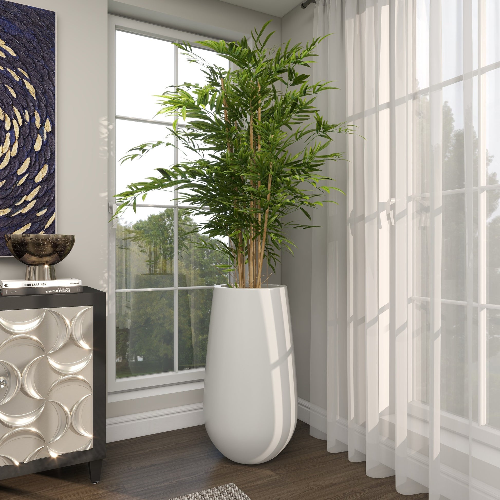 Bamboo Green Faux Foliage Indoor Outdoor Artificial Tree with Realistic Leaves and White Fiberglass Pot