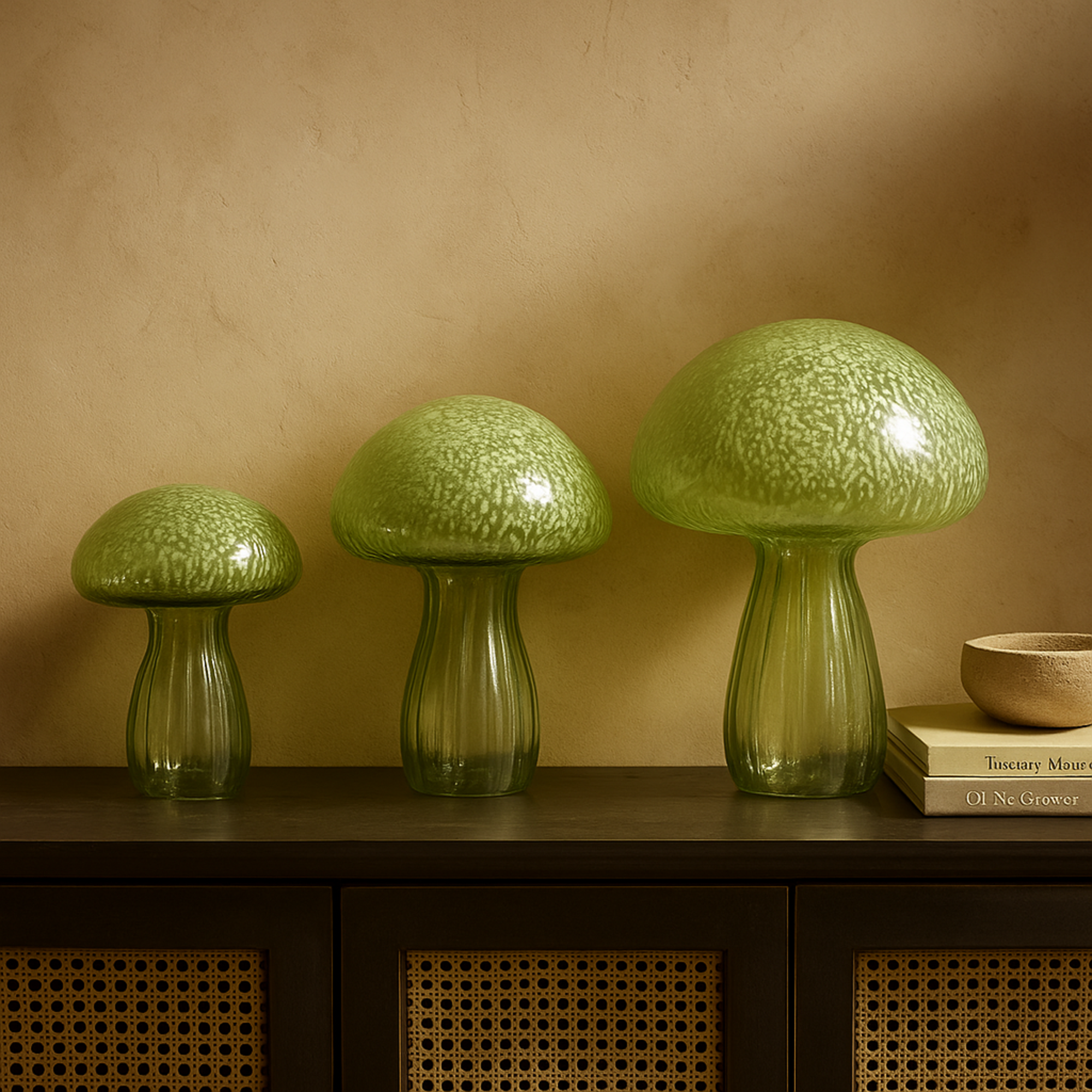 Set of 3 Mushroom Green Glass Textured Decorative Sculpture