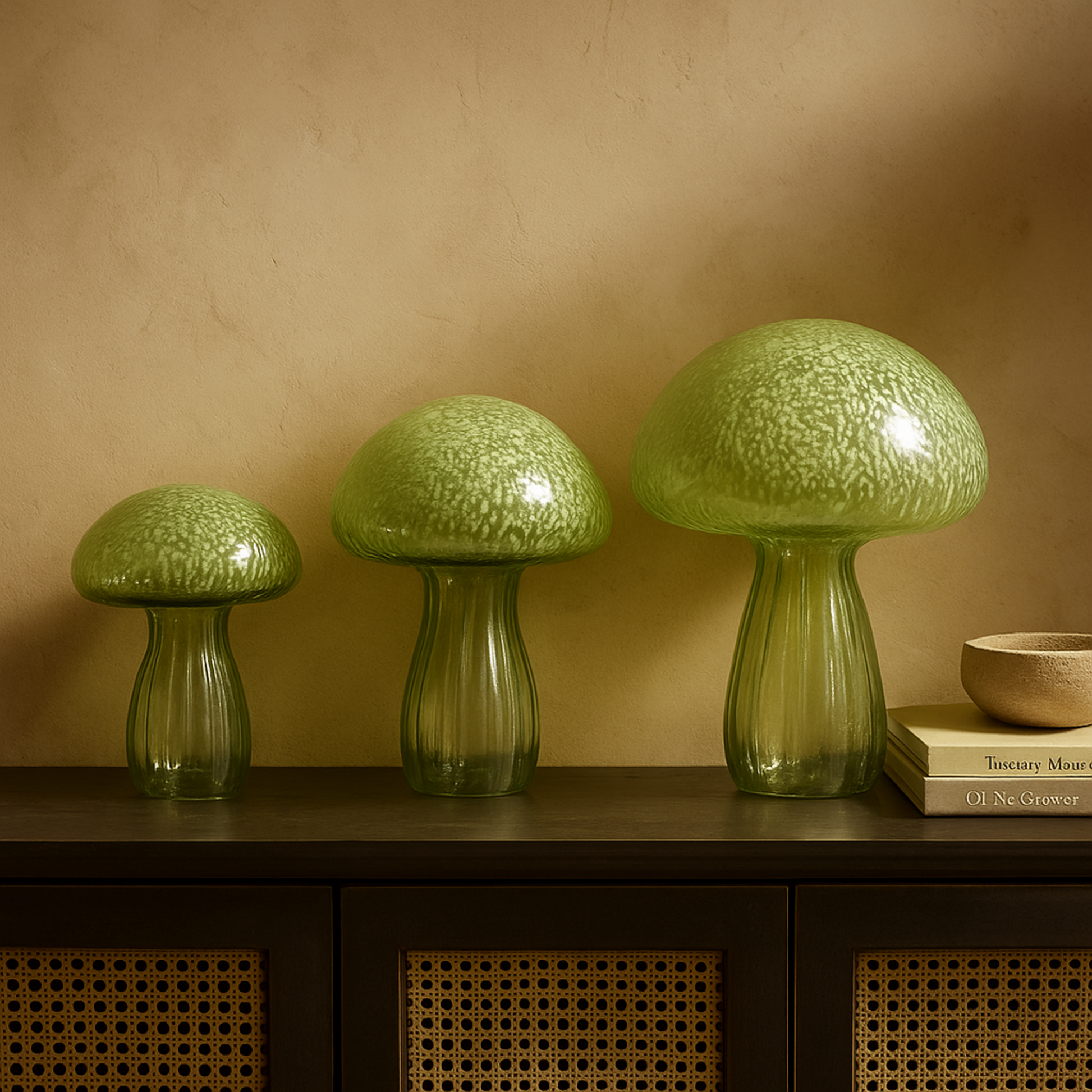 Set of 3 Mushroom Green Glass Textured Decorative Sculpture