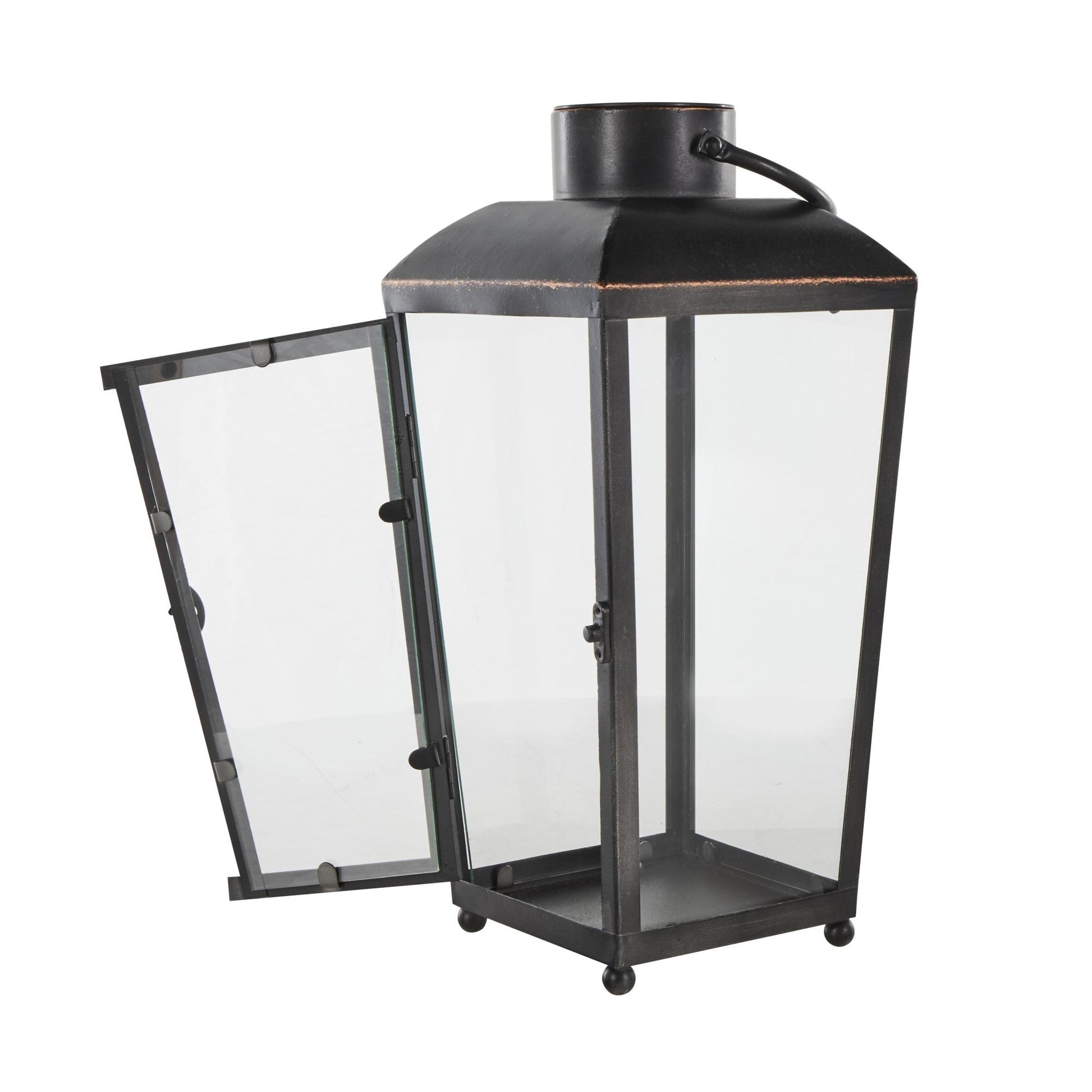 Black Metal Modern Indoor Outdoor Candle Lantern with Gold Accents