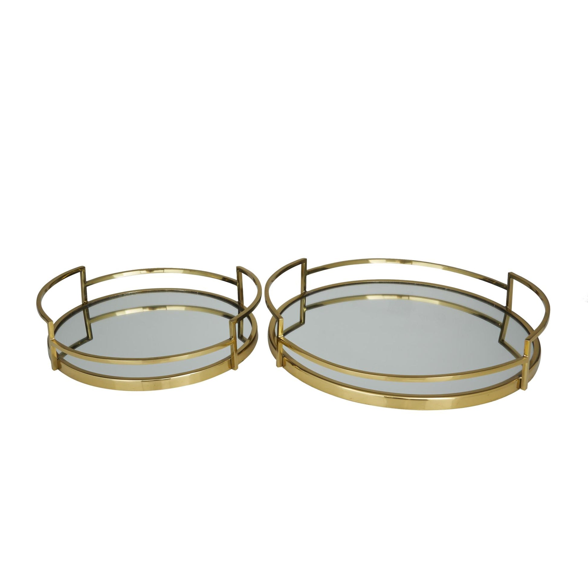 Set of 2 Stainless Steel Metal Round Mirrored Living Room Decor Tray with Elevated Rim and Handles
