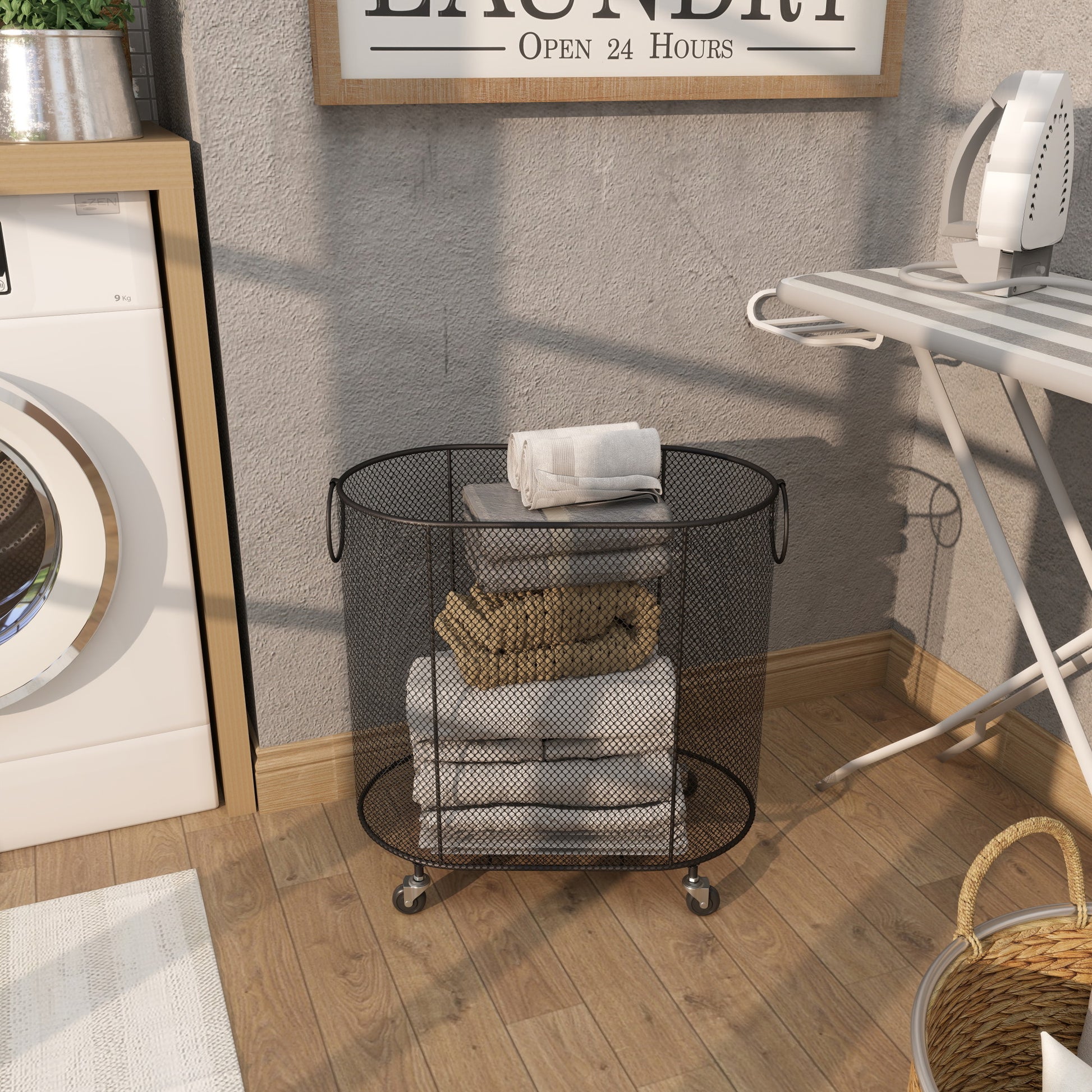 Metal Oval Mesh Wire Rolling Laundry Mobile Storage Cart with Ring Handles