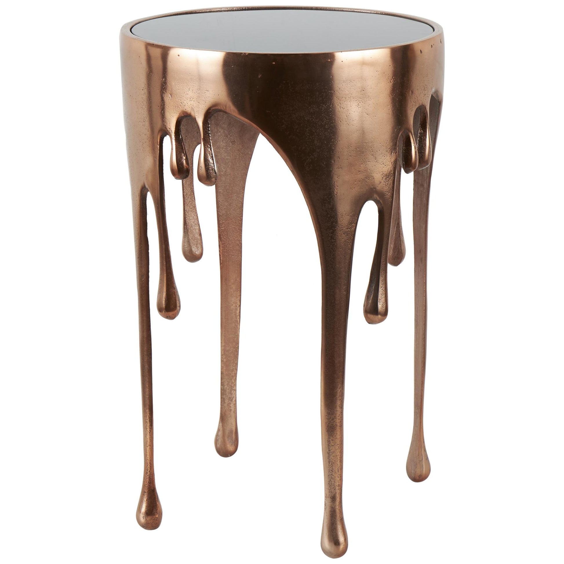 Abstract Aluminum Metal Drip Side End Accent Table with Melting Design and Shaded Glass Top