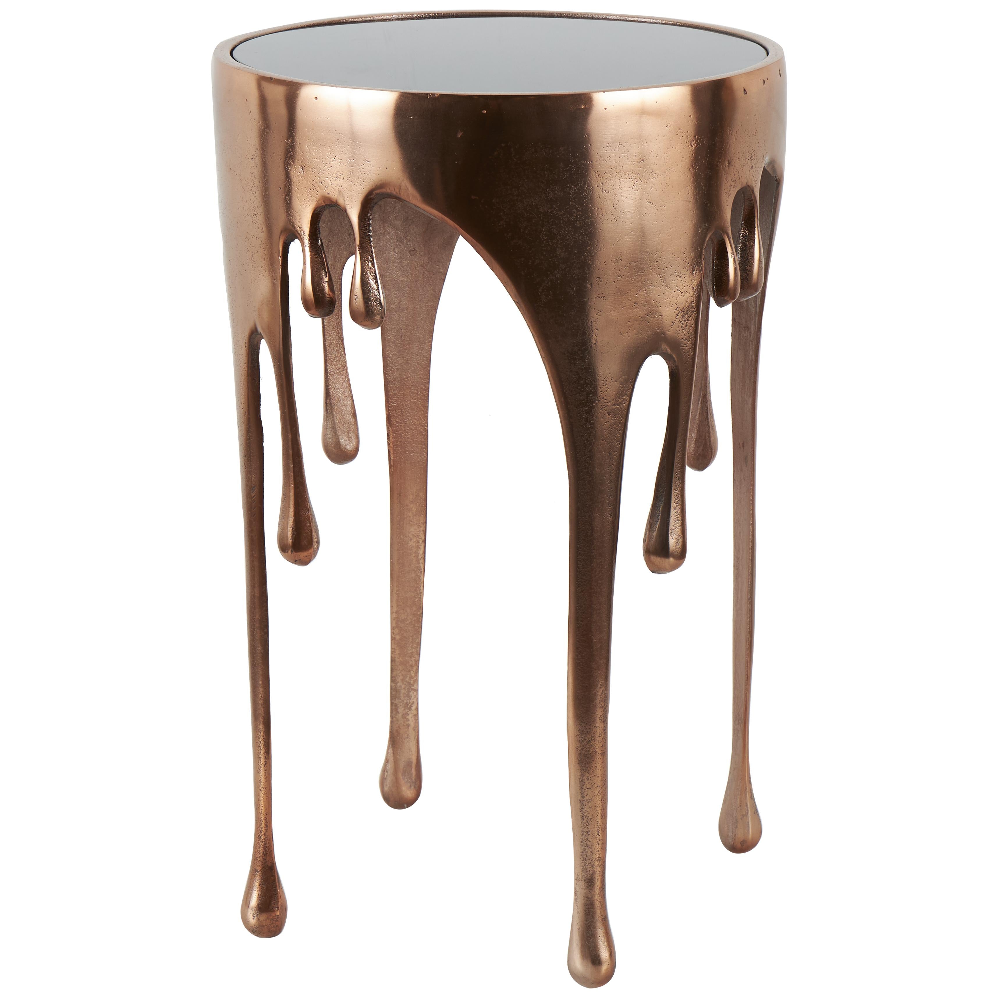 Abstract Aluminum Metal Drip Side End Accent Table with Melting Design and Shaded Glass Top
