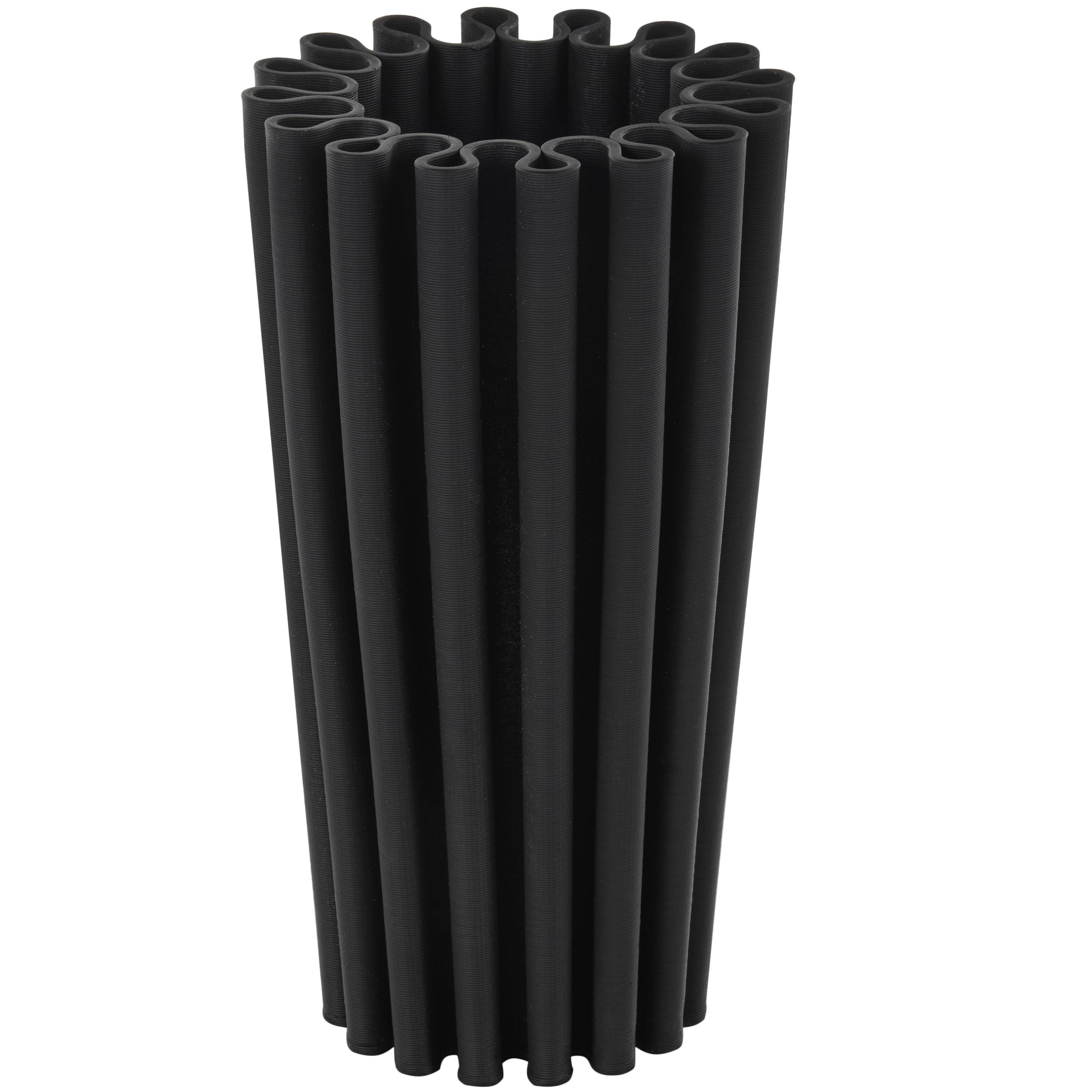 Abstract Black Ceramic Dimensional Ribbed Decorative Vase with Cylindrical Ridges