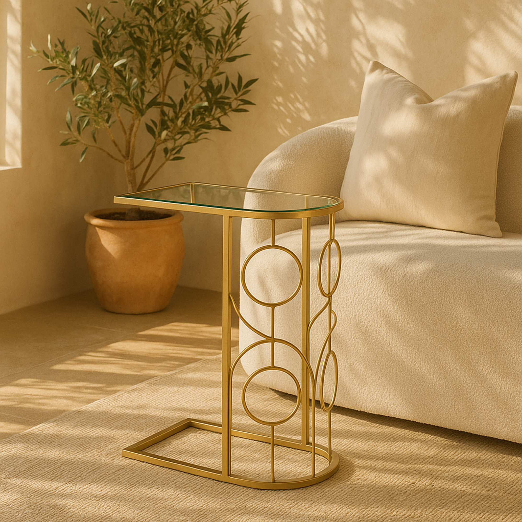 Geometric Gold Metal Side End Accent Table with Mirrored Glass Top