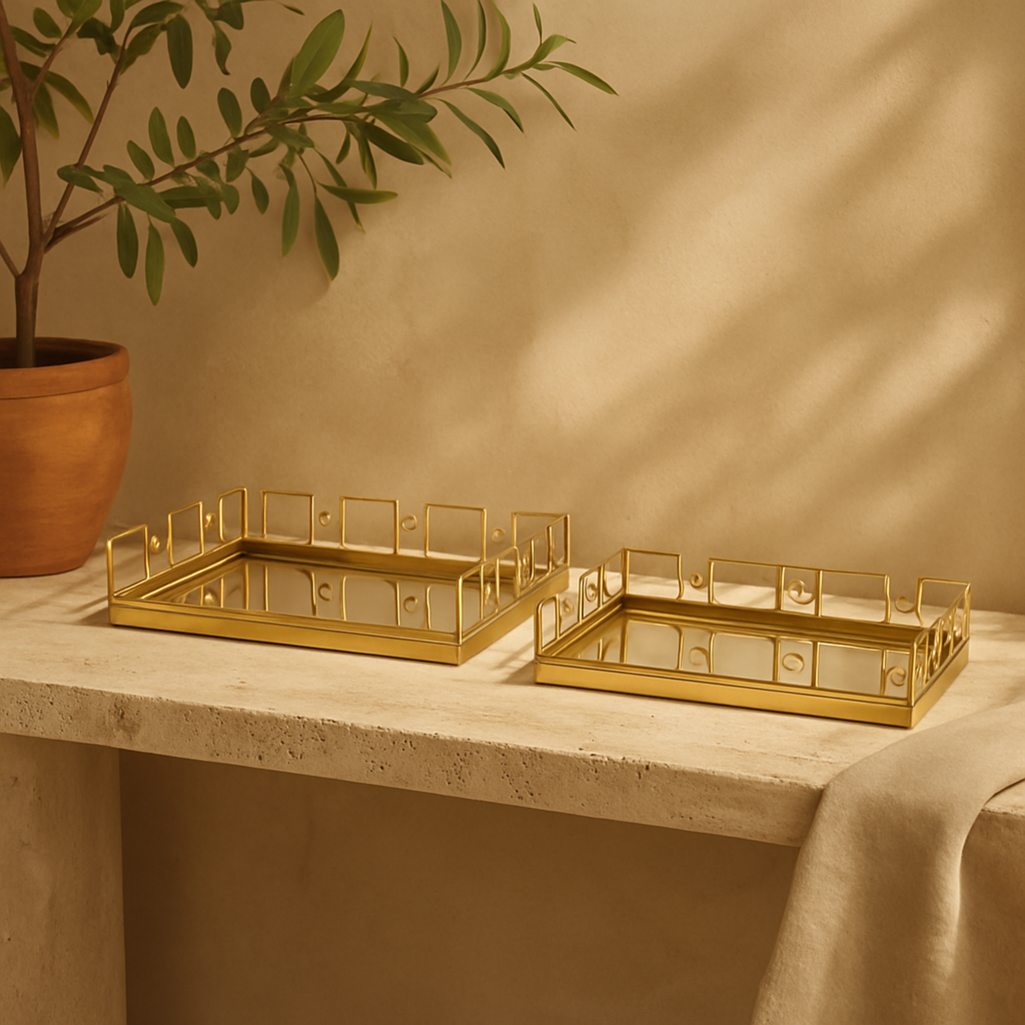 Set of 2 Geometric Gold Stainless Steel Metal Mirrored Living Room Decor Tray with Wire Rod Frame