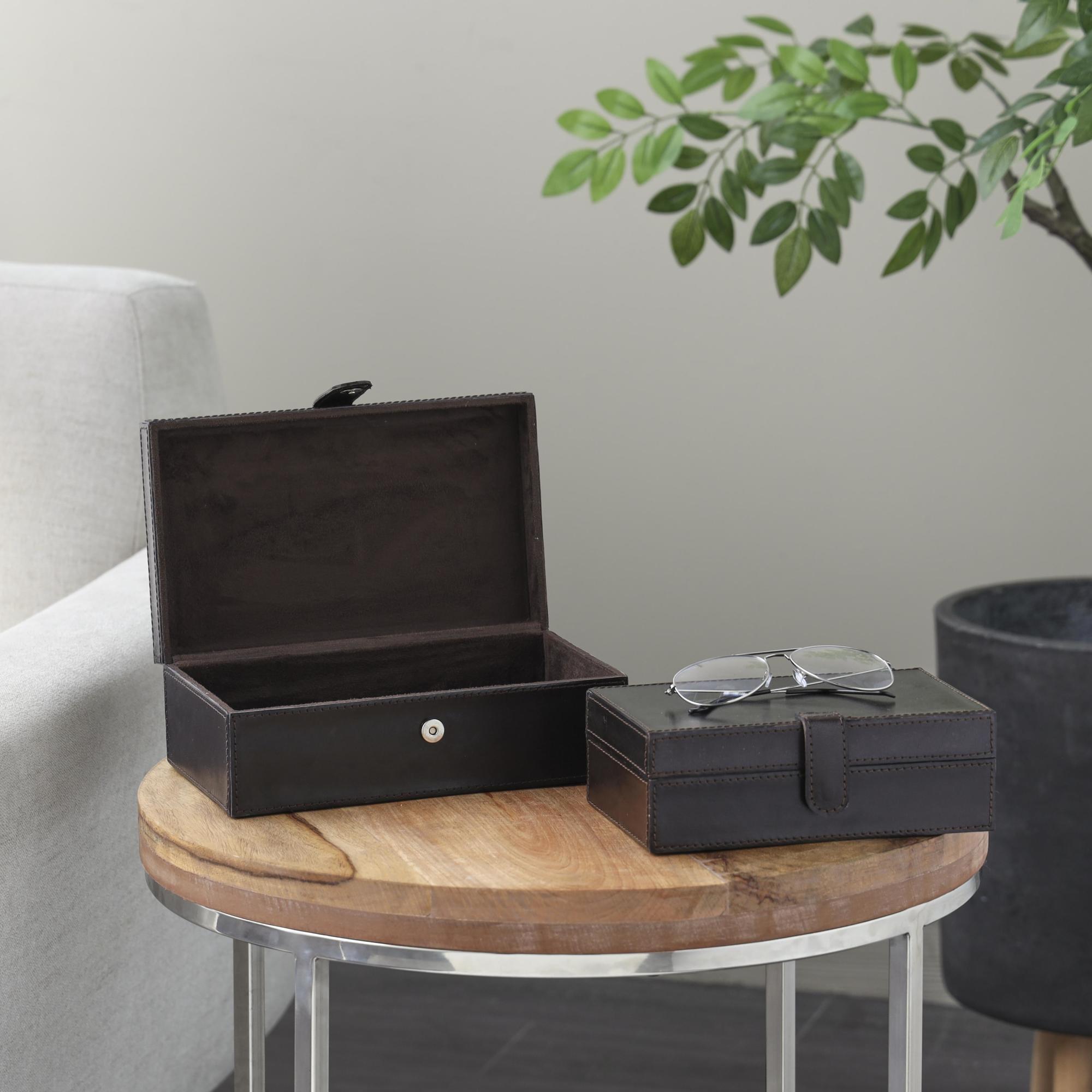 Set of 2 Leather Handmade Decorative Box with Snap Front Closure and Detailed Stitching