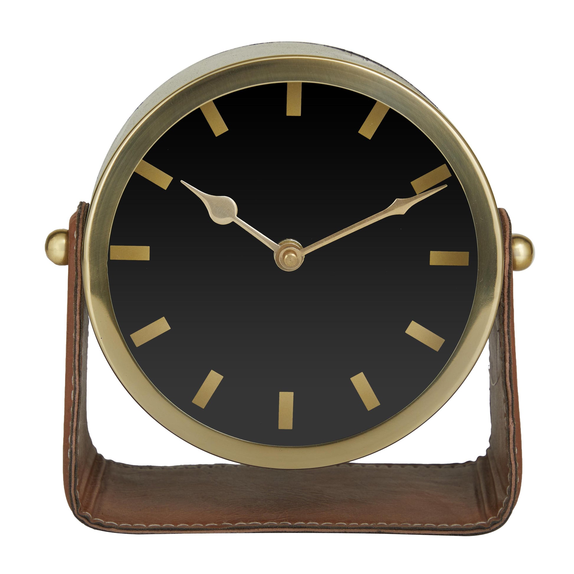 Stainless Steel Metal Decorative Clock with Leather Stand 7" x 3" x 7"