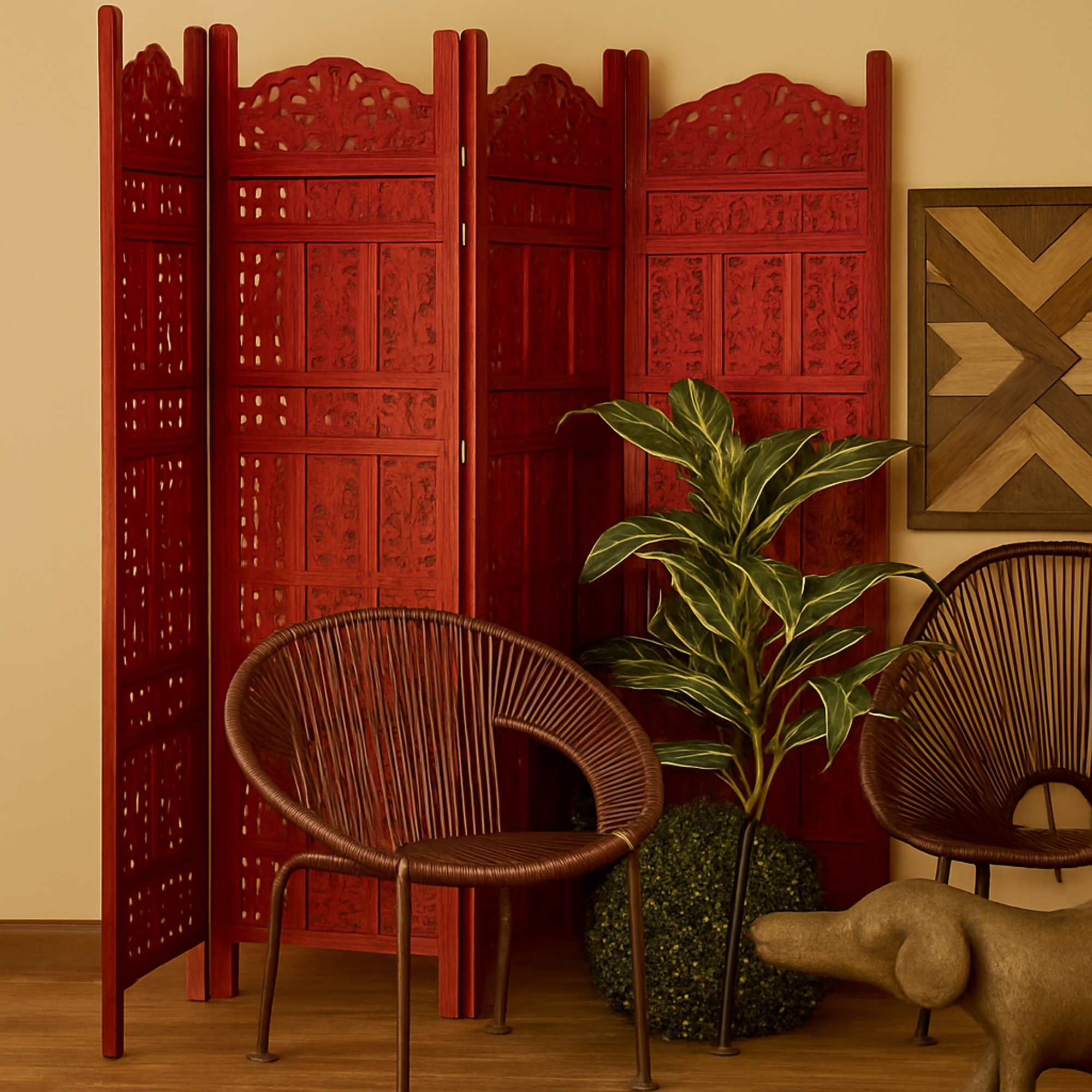 Floral Red Wood Handmade Carved Foldable Partition 4 Panel Partition Room Divider Screen
