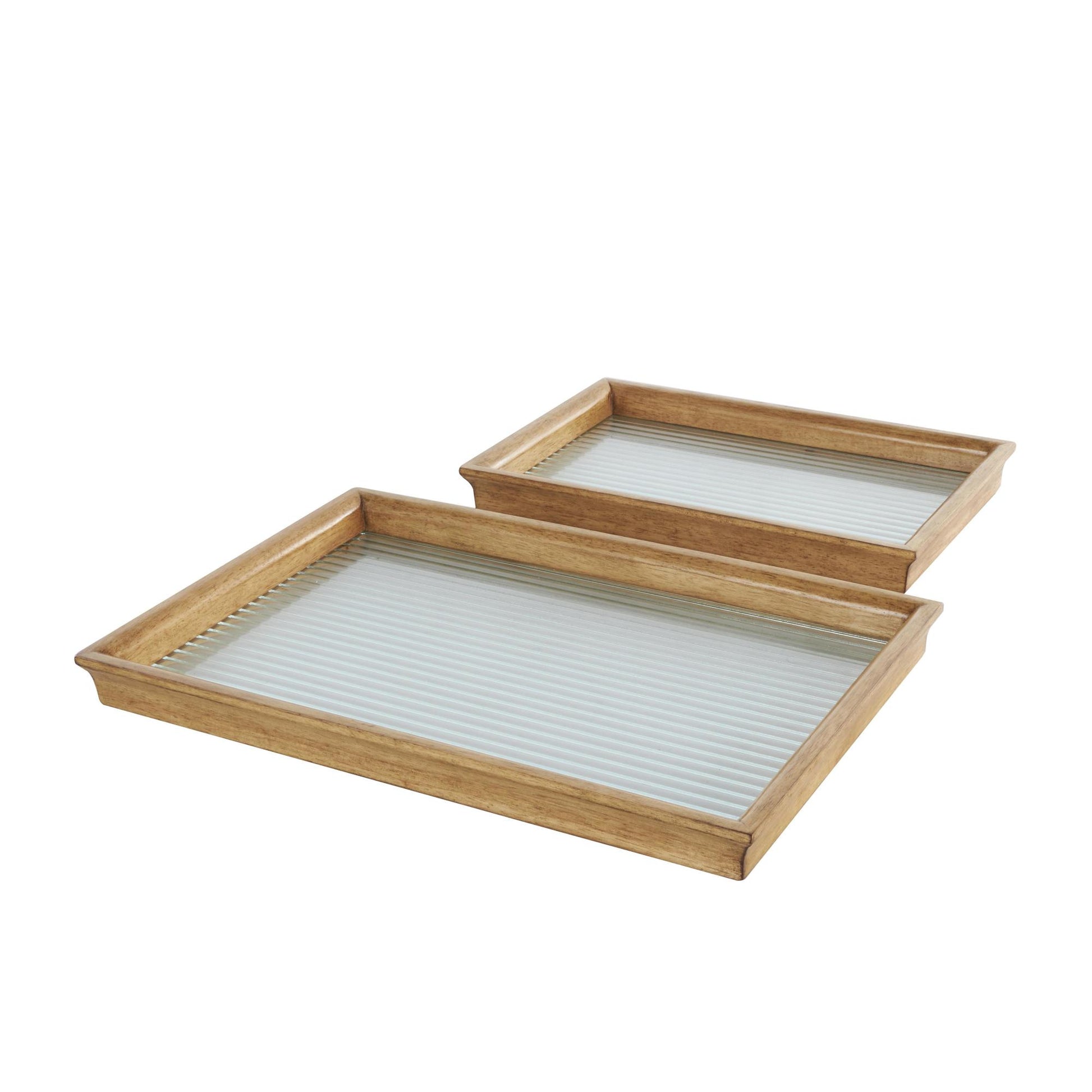 Set of 2 Brown Wood Nesting Living Room Decor Tray with Fluted Glass Bases
