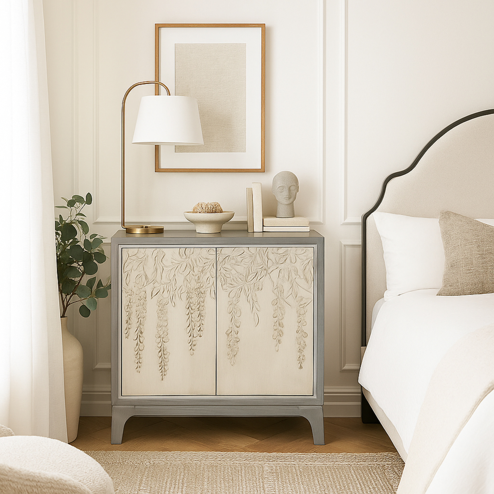Floral Gray Wooden Relief 2 Door Room Cabinet with Cream Front Doors and Cascading Leaf Design