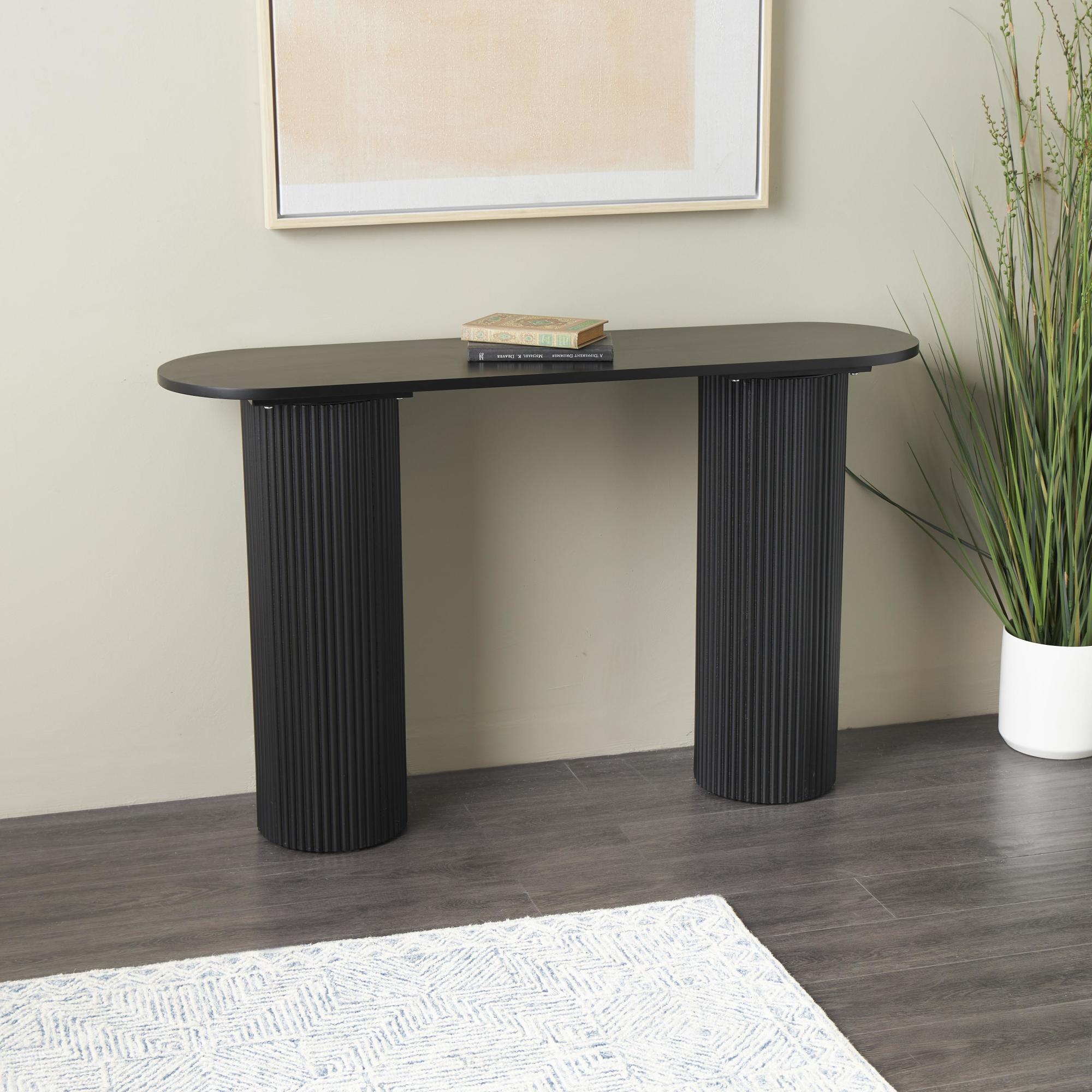 Geometric Black Wooden Oval Living Room Console Table with Ribbed Pillar Legs