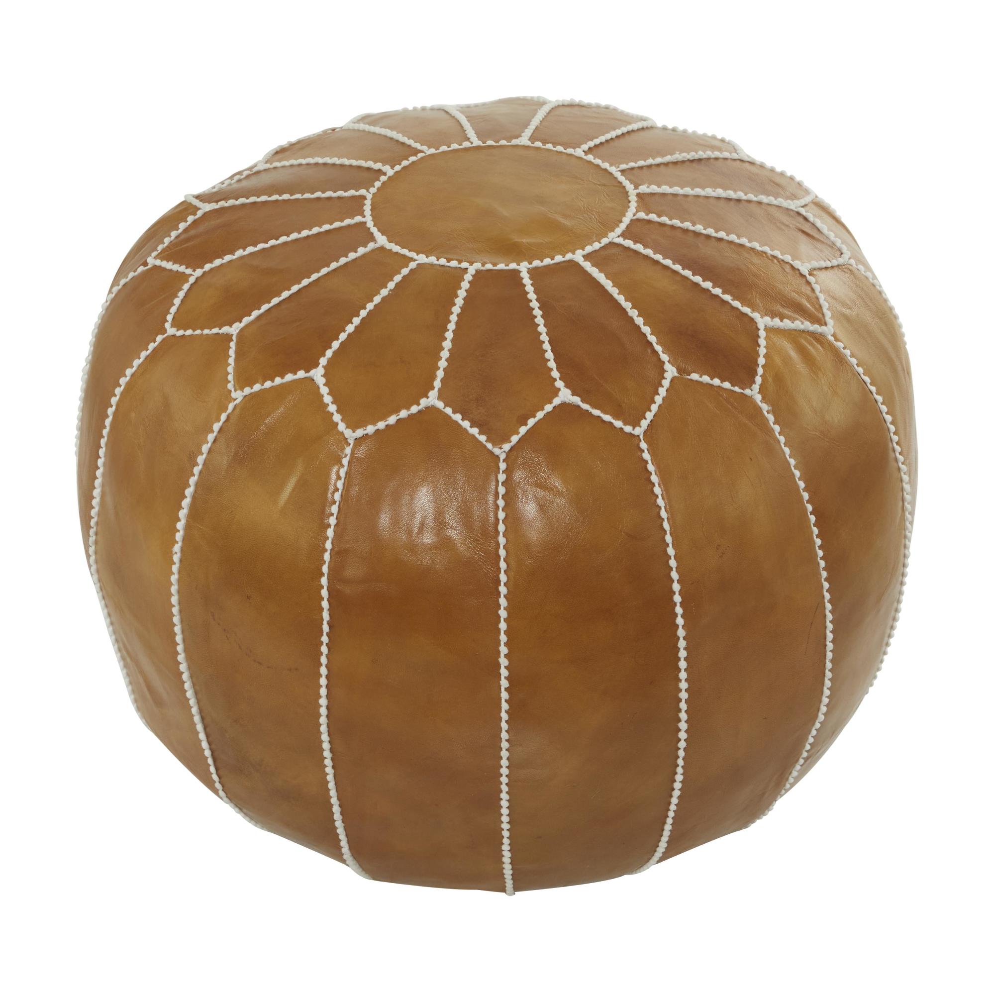 Floral Leather Moroccan Stuffed Pouf with White Stitching