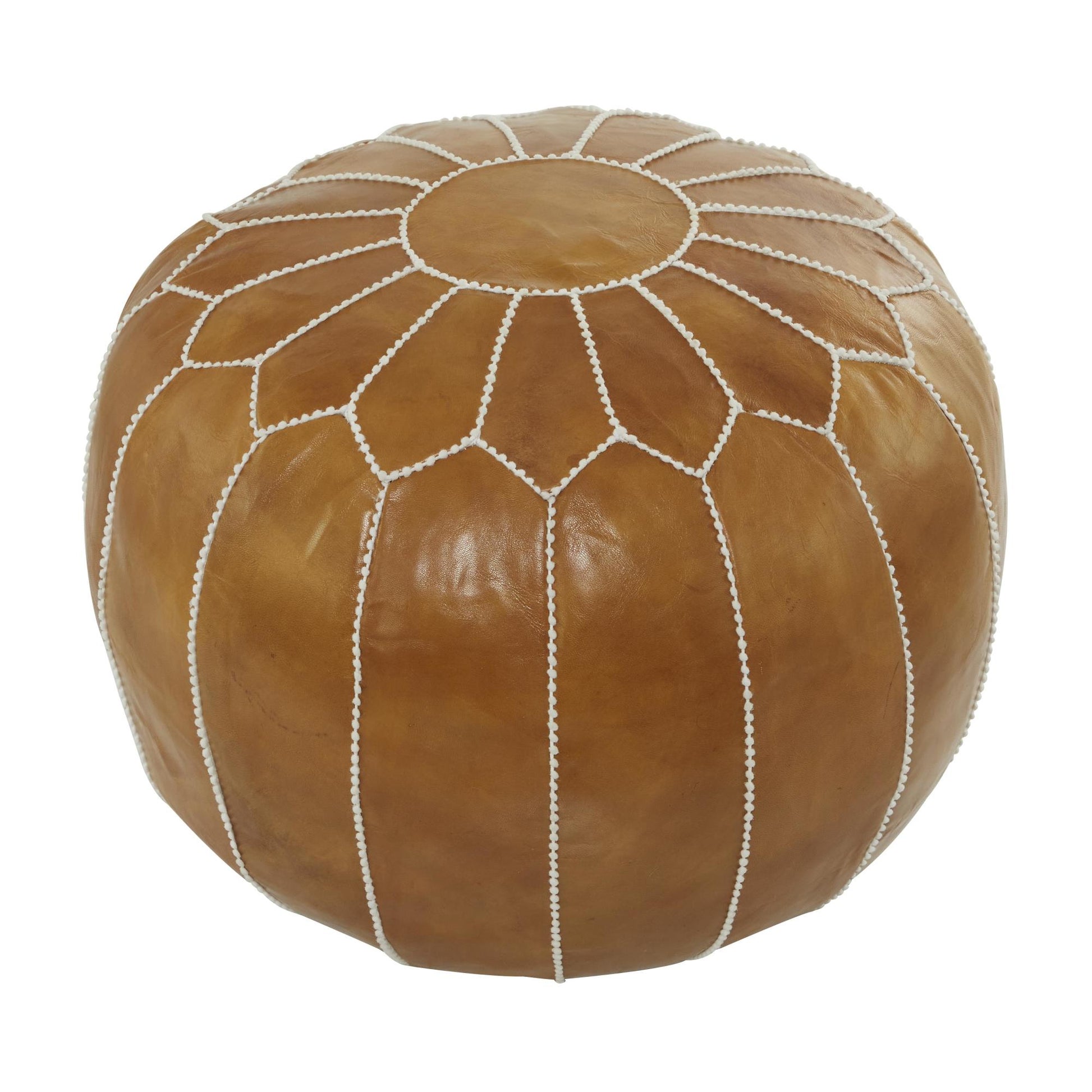 Floral Leather Moroccan Stuffed Pouf with White Stitching