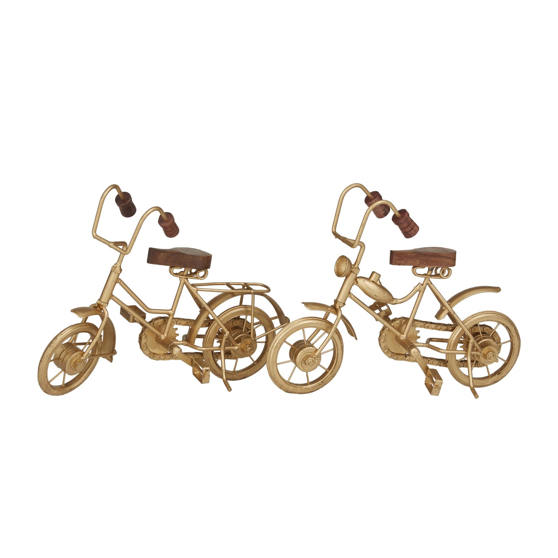 Set of 2 Bike Gold Metal Decorative Sculpture with Wood Accents