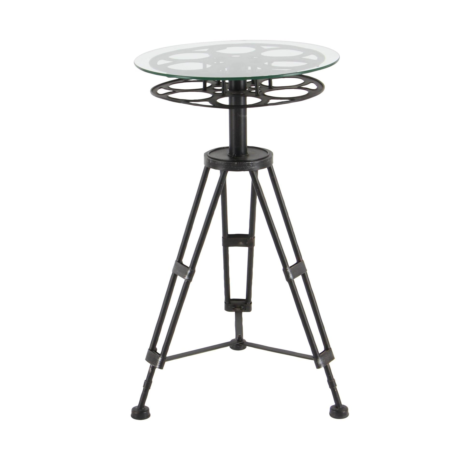 Film Black Metal Reel Side End Accent Table with Tripod Legs and Glass Top