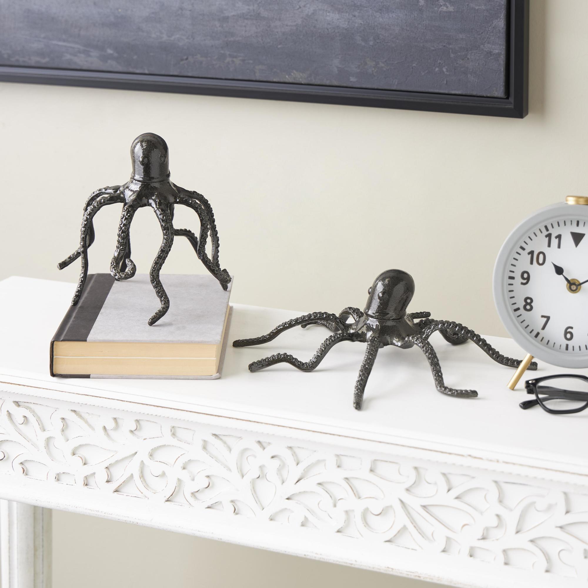 Set of 2 Octopus Black Aluminum Metal Decorative Sculpture with Textured Tentacles