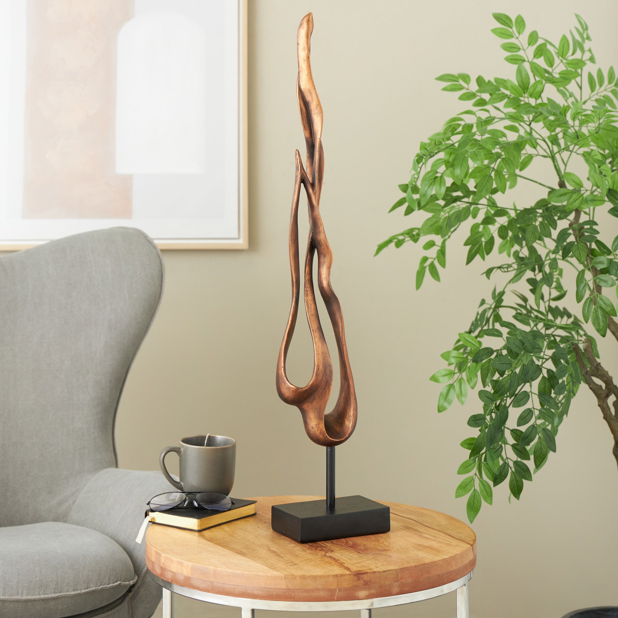 Abstract Bronze Polystone Abstract Decorative Sculpture with Rectangle Black Base