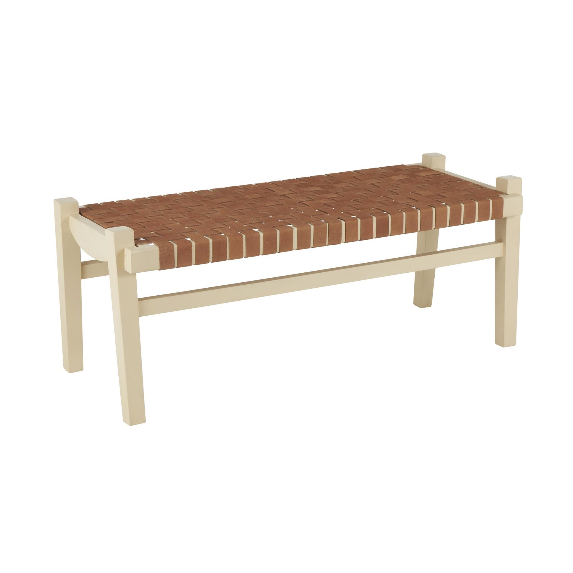 Leather Handmade Woven Seat Home Bench with Beige Wood Base