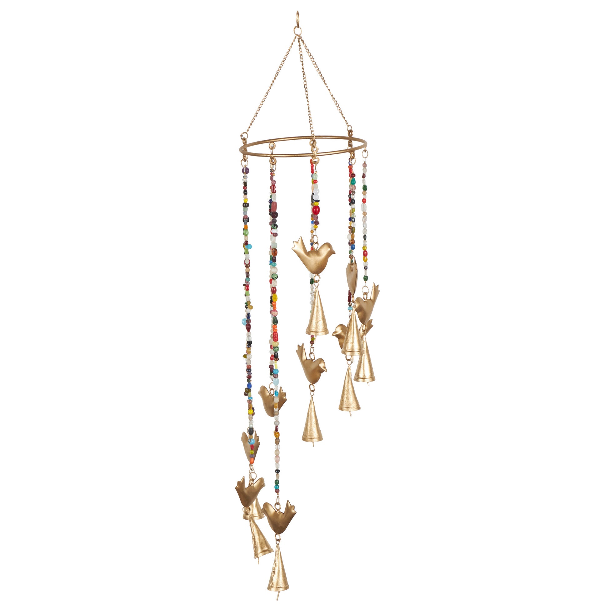 Bird Gold Metal Handmade Indoor Outdoor Windchime with Glass Beads and Cone Bells