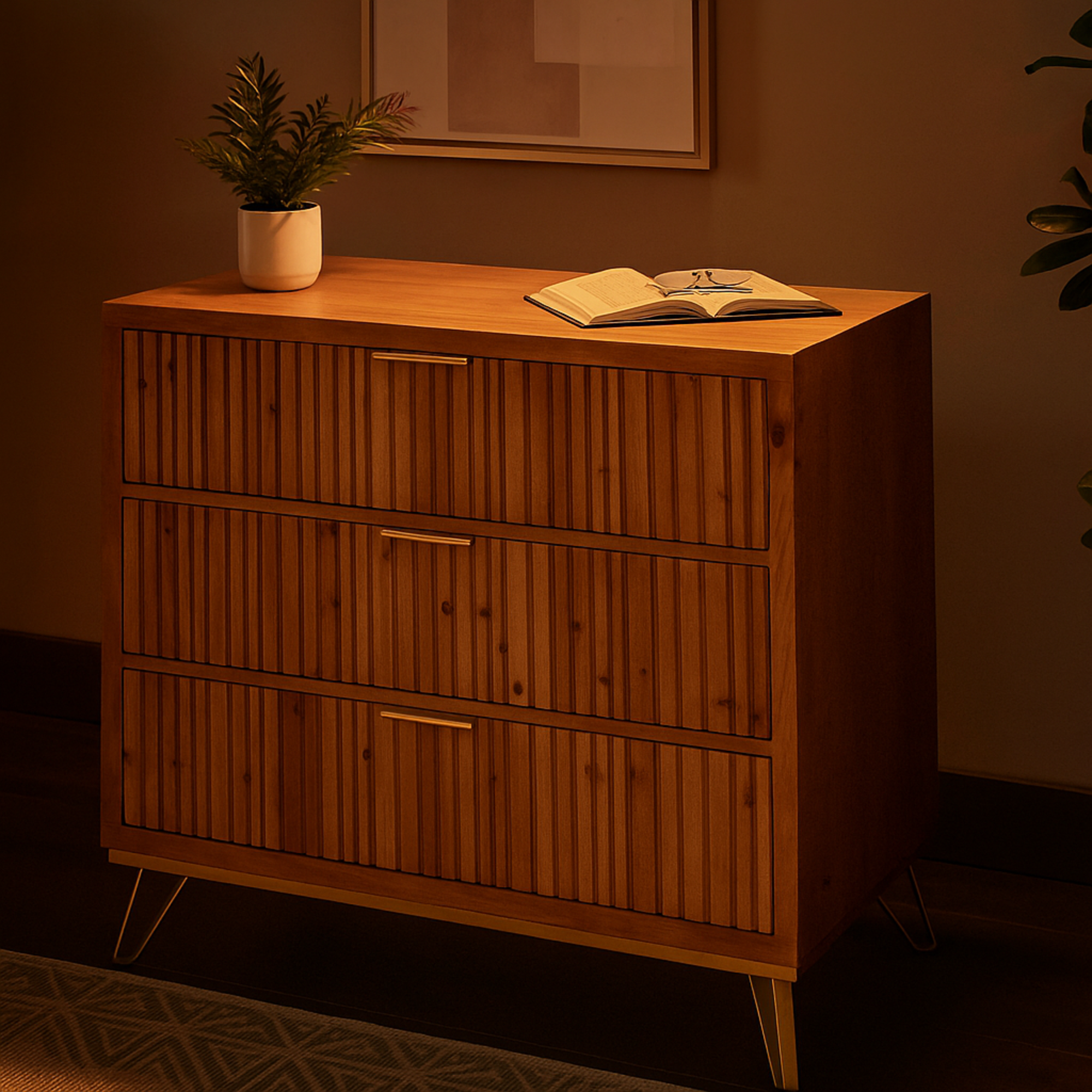 Brown Wooden Ribbed 3 Drawer Room Chest with Gold Handles and Legs