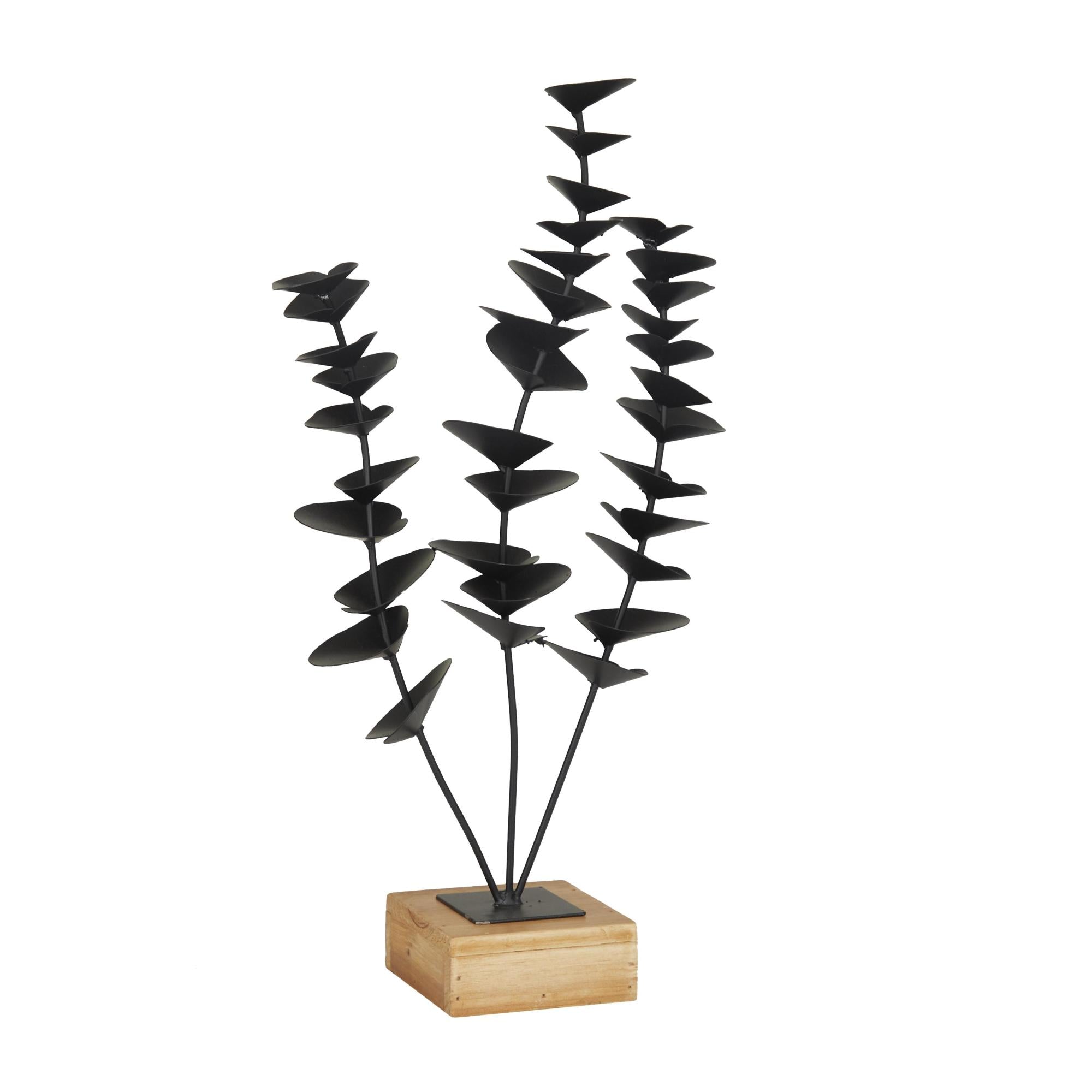 Leaf Black Metal Decorative Sculpture with Wood Base