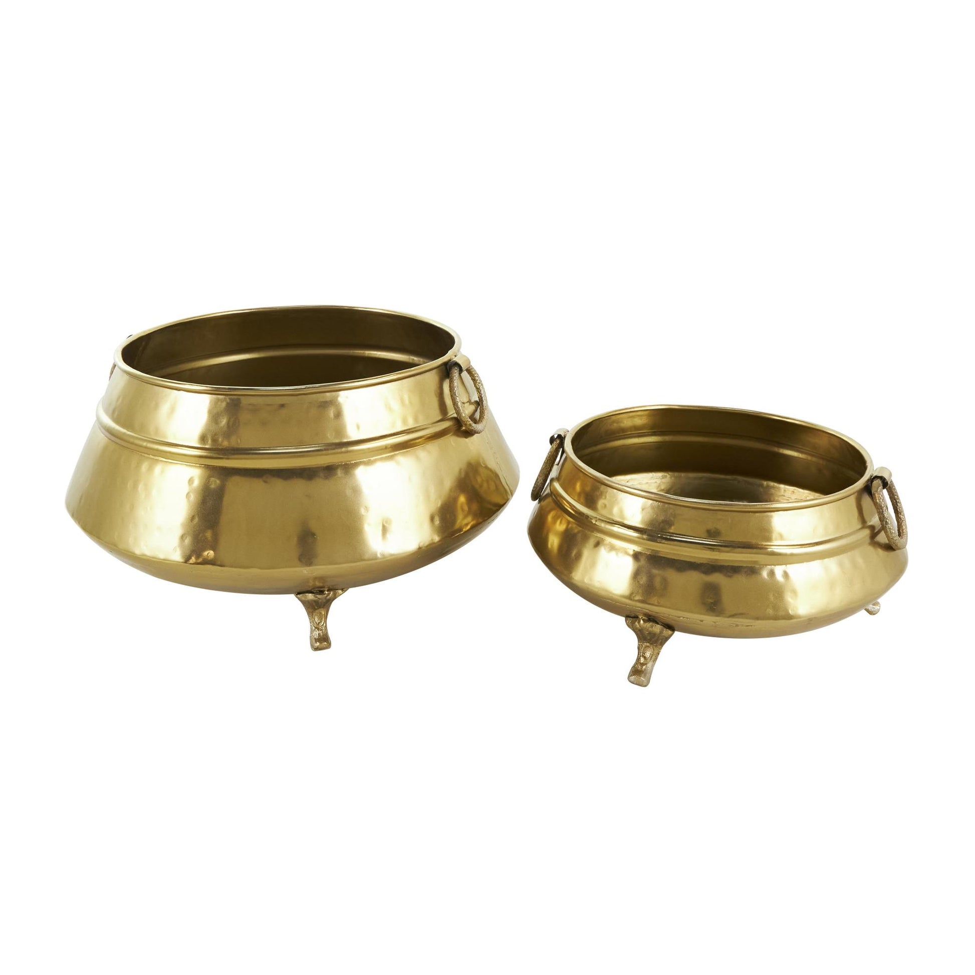 Set of 2 Gold Metal Hammered Pot Indoor Outdoor Planter with Scrolled Feet and Ring Handles