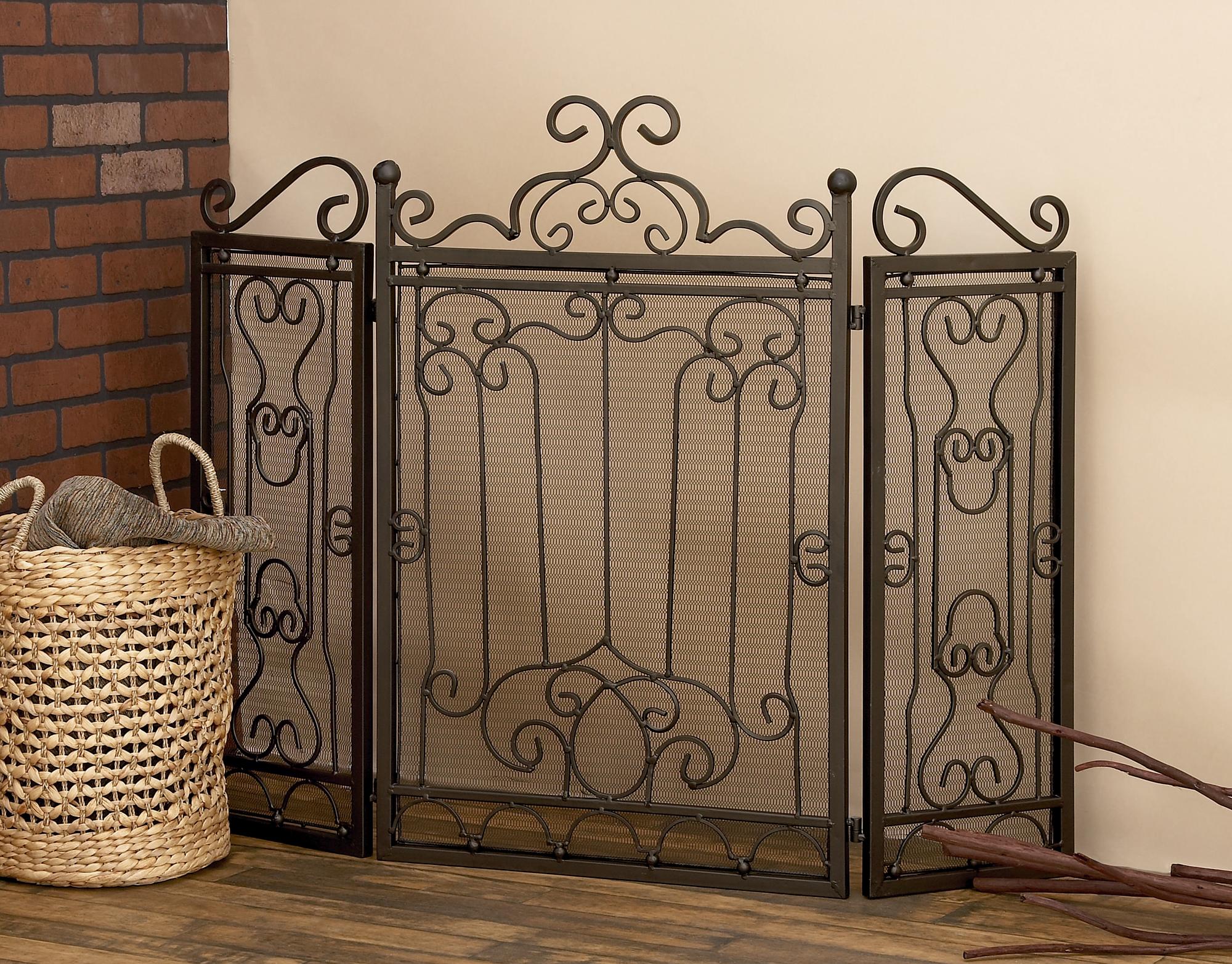 Scroll Dark Brown Metal Foldable Mesh Netting 3 Panel Living Room Fireplace Screen