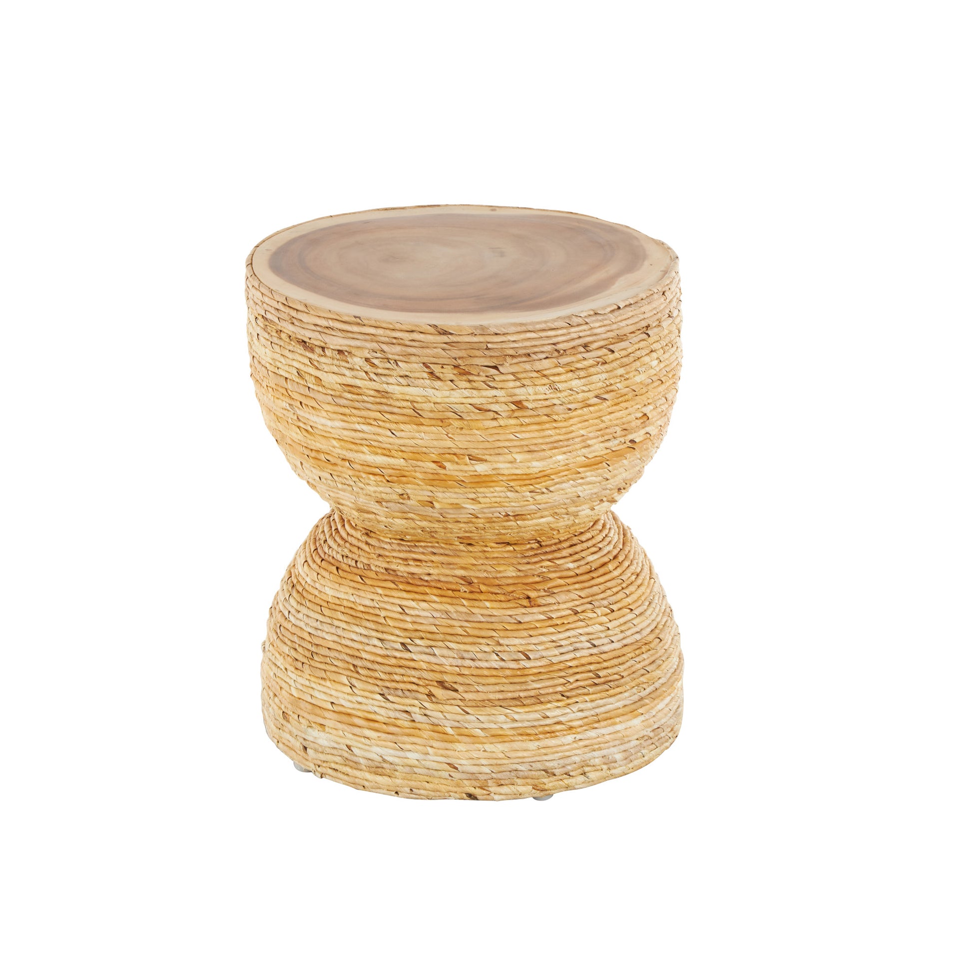 Light Brown Banana Leaf Handmade Woven Side End Accent Table with Wooden Tabletop