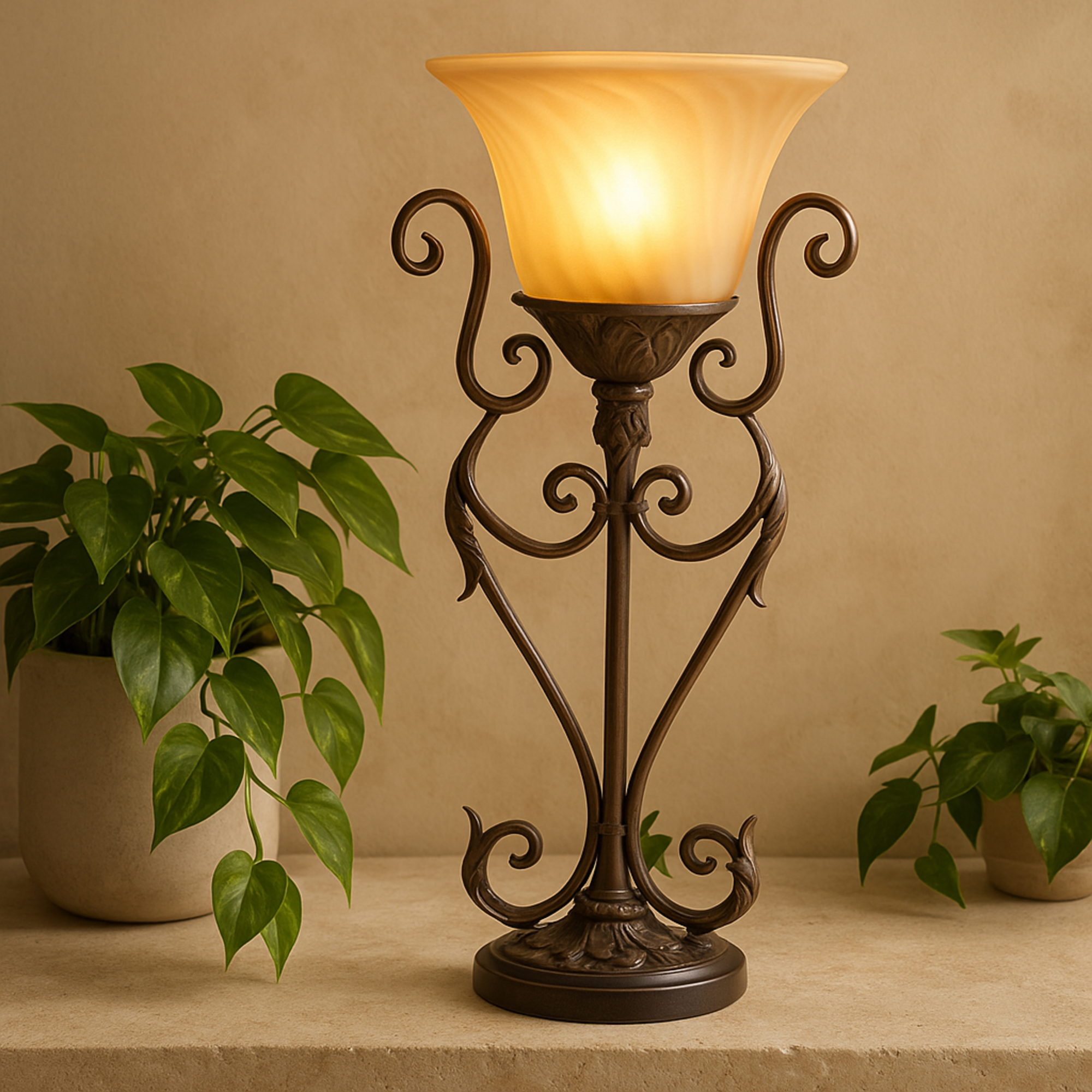 Set of 2 Scroll Brown Metal Antique Style Room Uplight