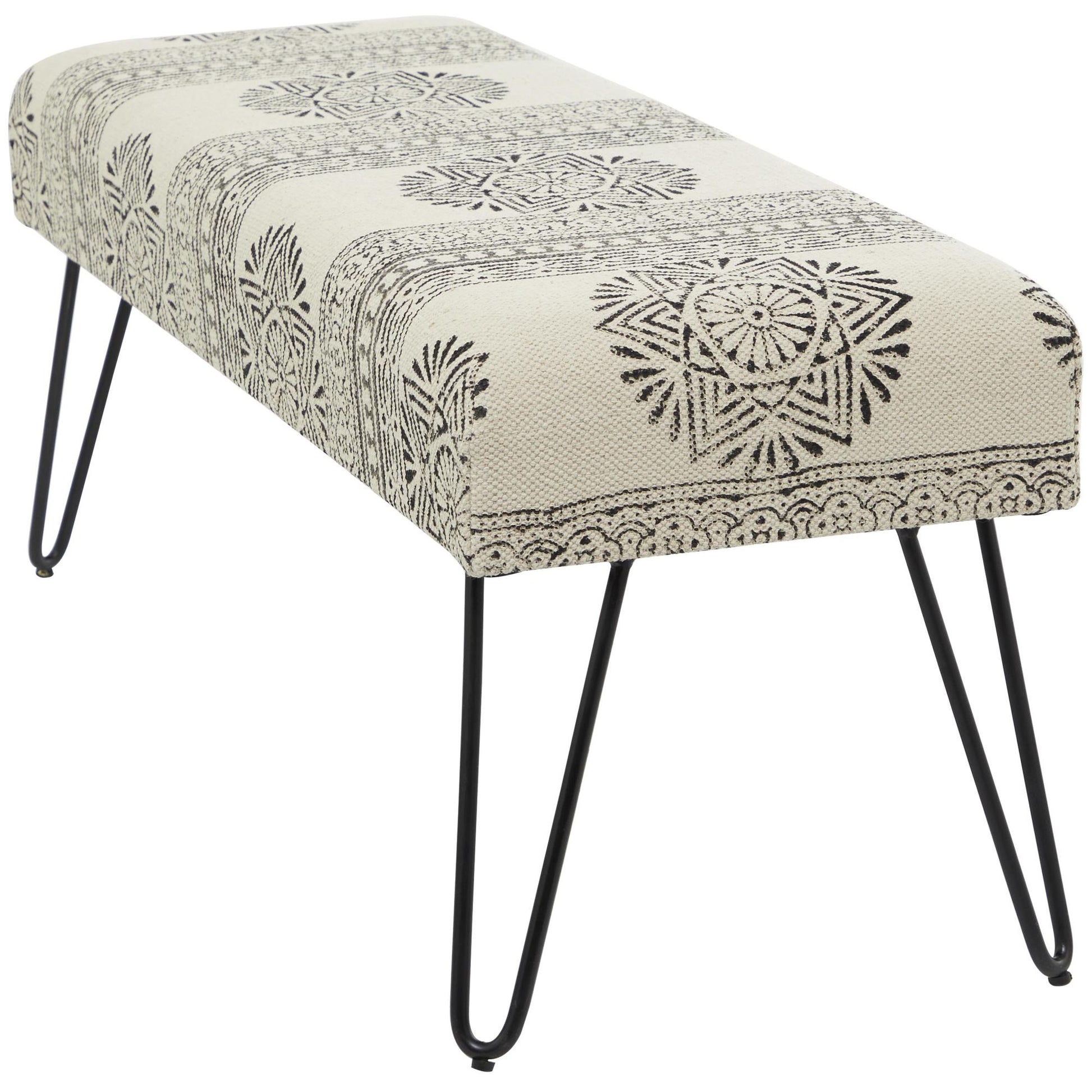 Tribal Cotton Fabric Home Bench with Metal Hairpin Legs