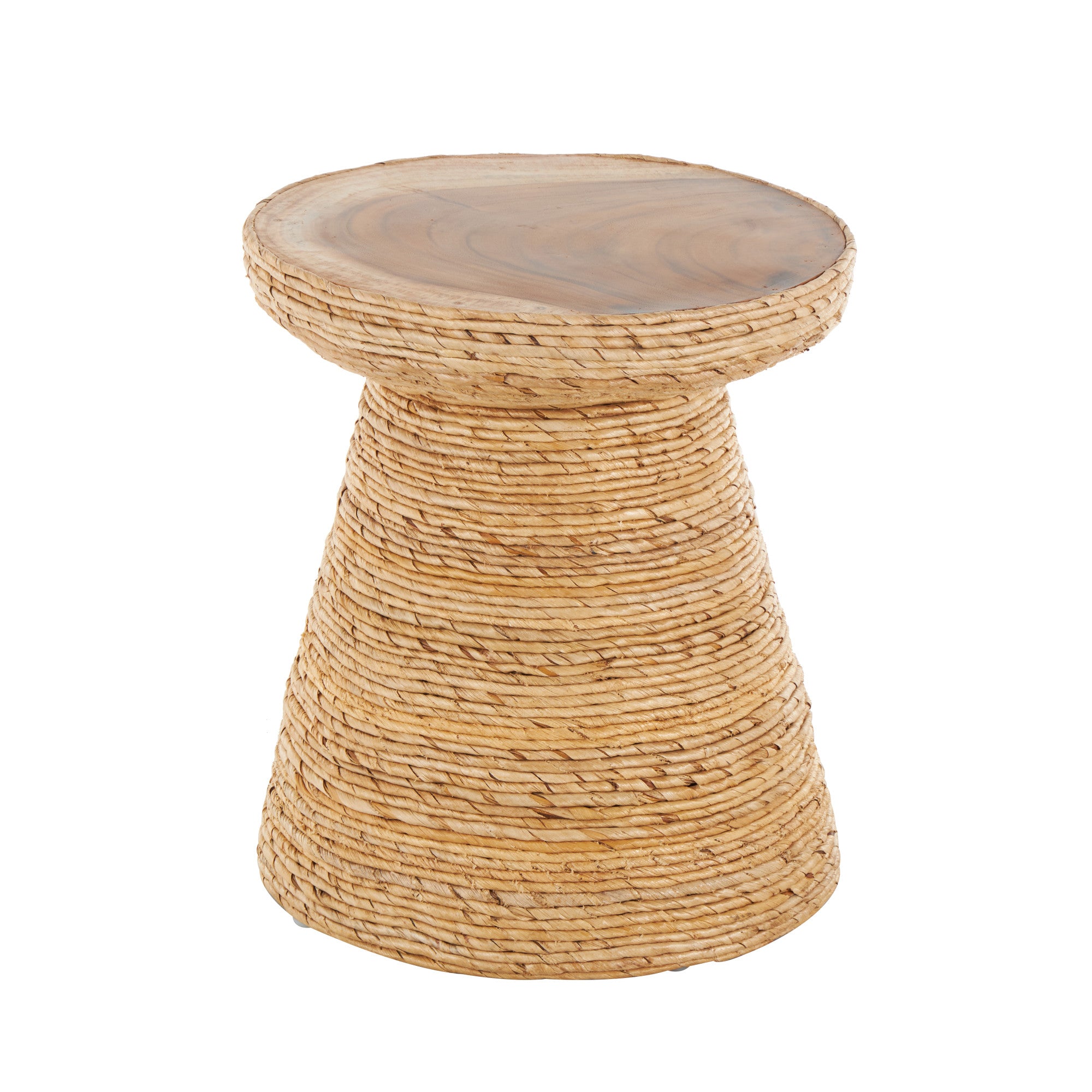 Brown Banana Leaf Handmade Woven Side End Accent Table with Wooden Tabletop