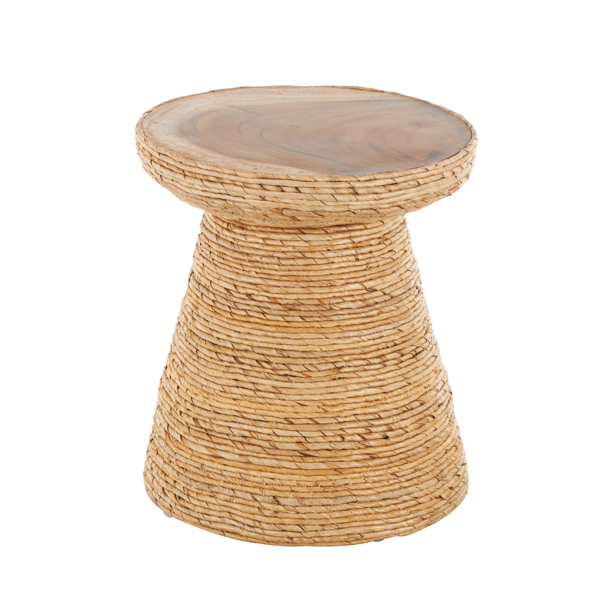 Brown Banana Leaf Handmade Woven Side End Accent Table with Wooden Tabletop
