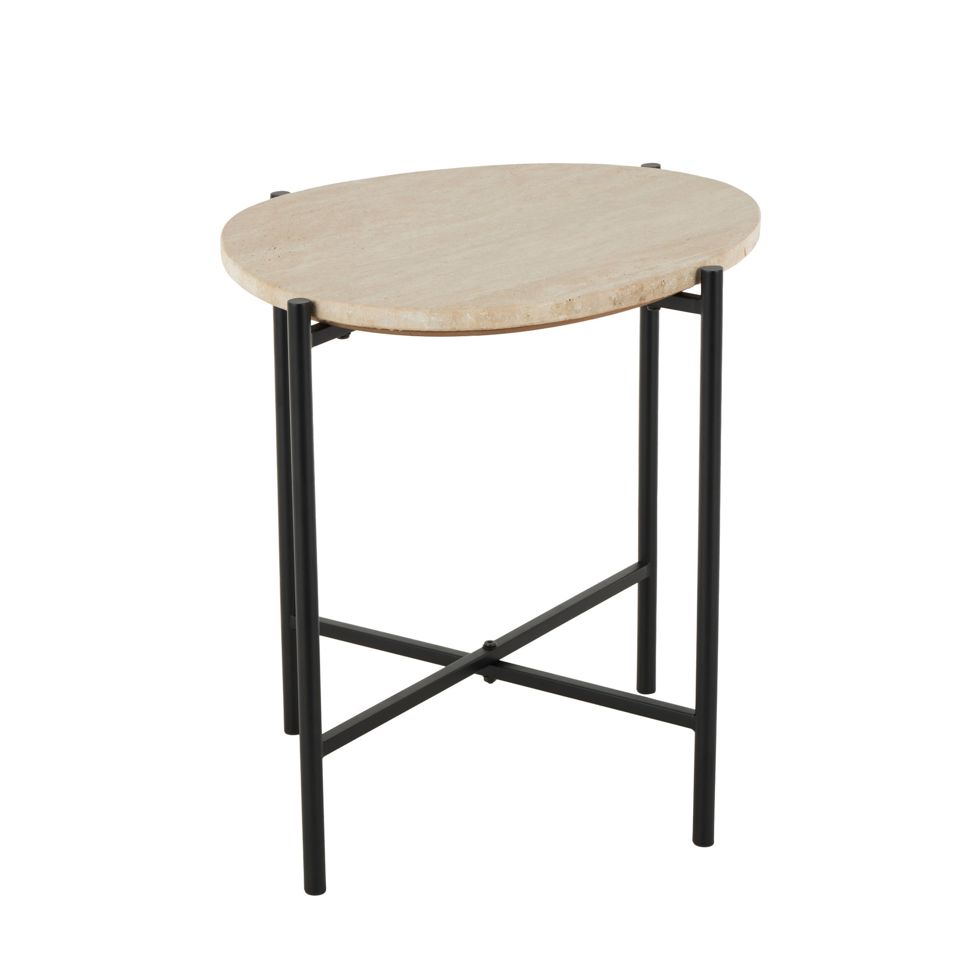 Beige Marble Round Side End Accent Table with Black Metal Support