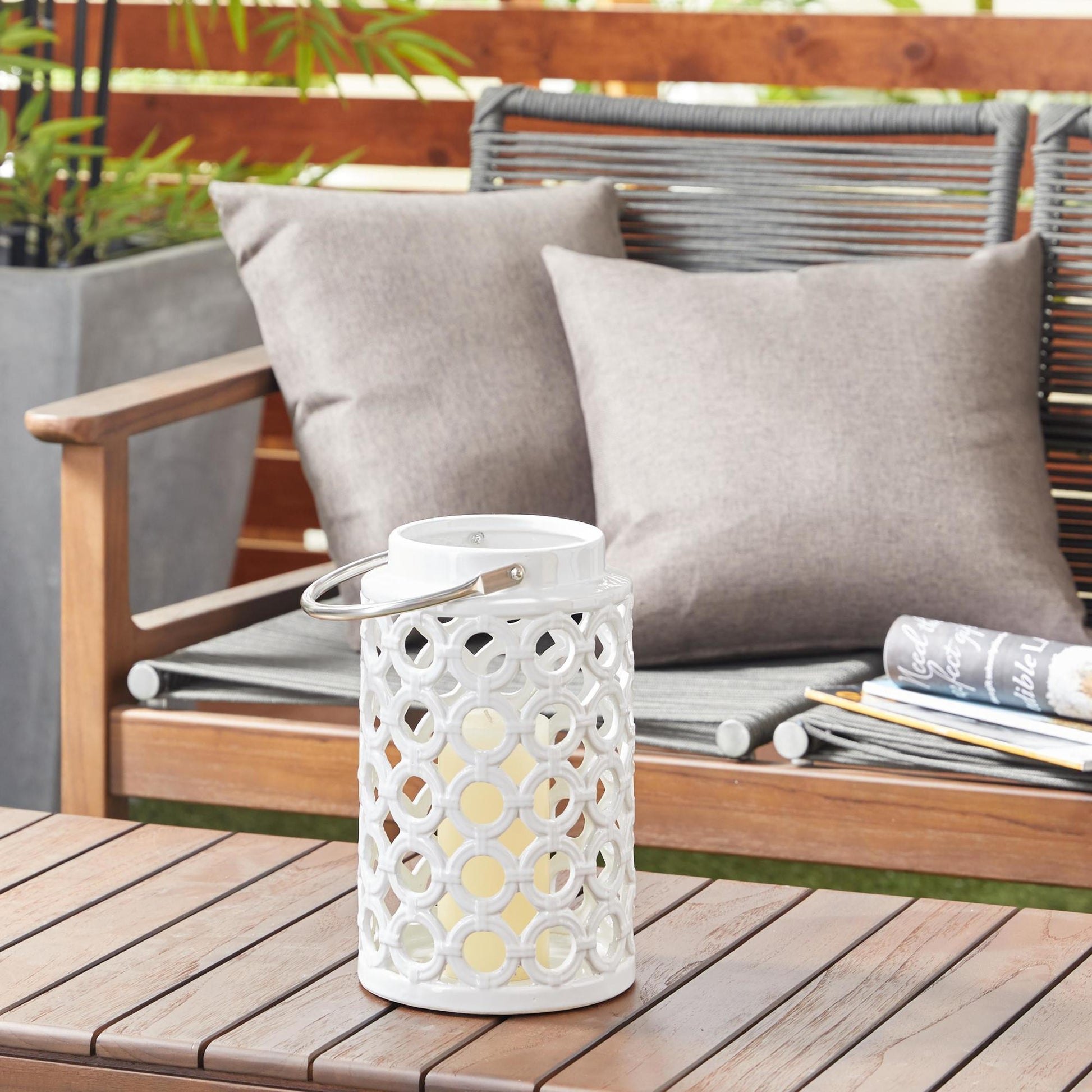White Ceramic Circles Decorative Indoor Outdoor Candle Lantern with Cut Out Design