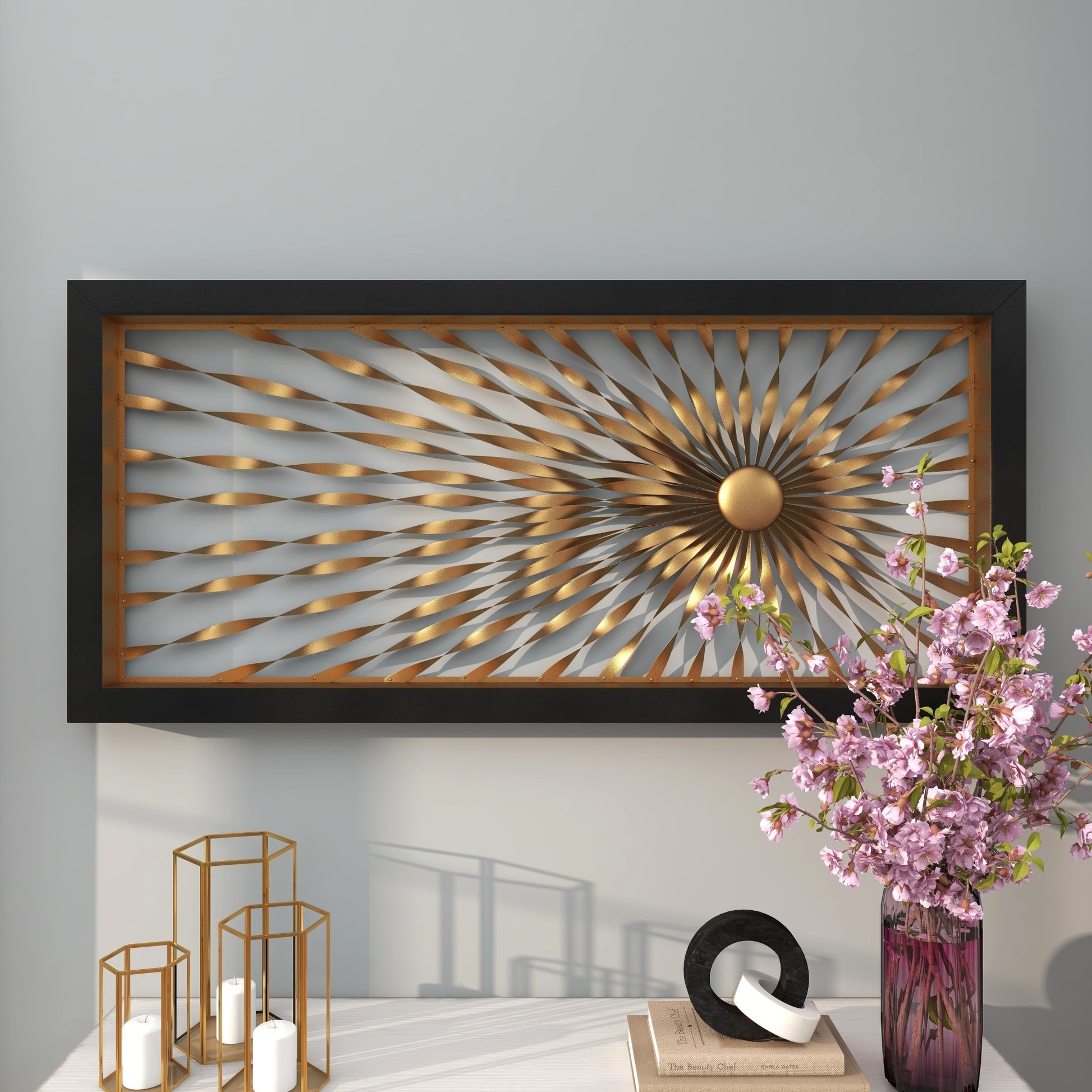 Sunburst Gold Metal Coiled Ribbon Home Wall Decor with Black Frame
