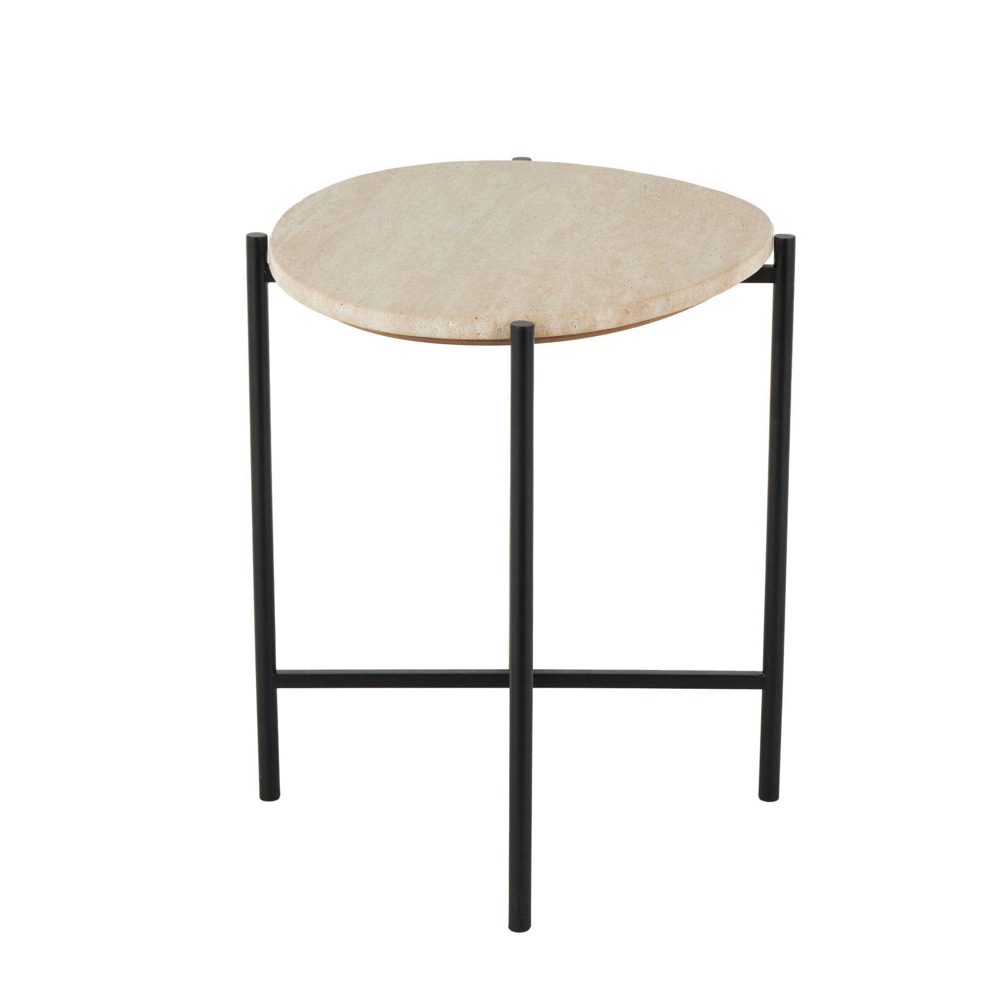 Beige Marble Round Side End Accent Table with Black Metal Support