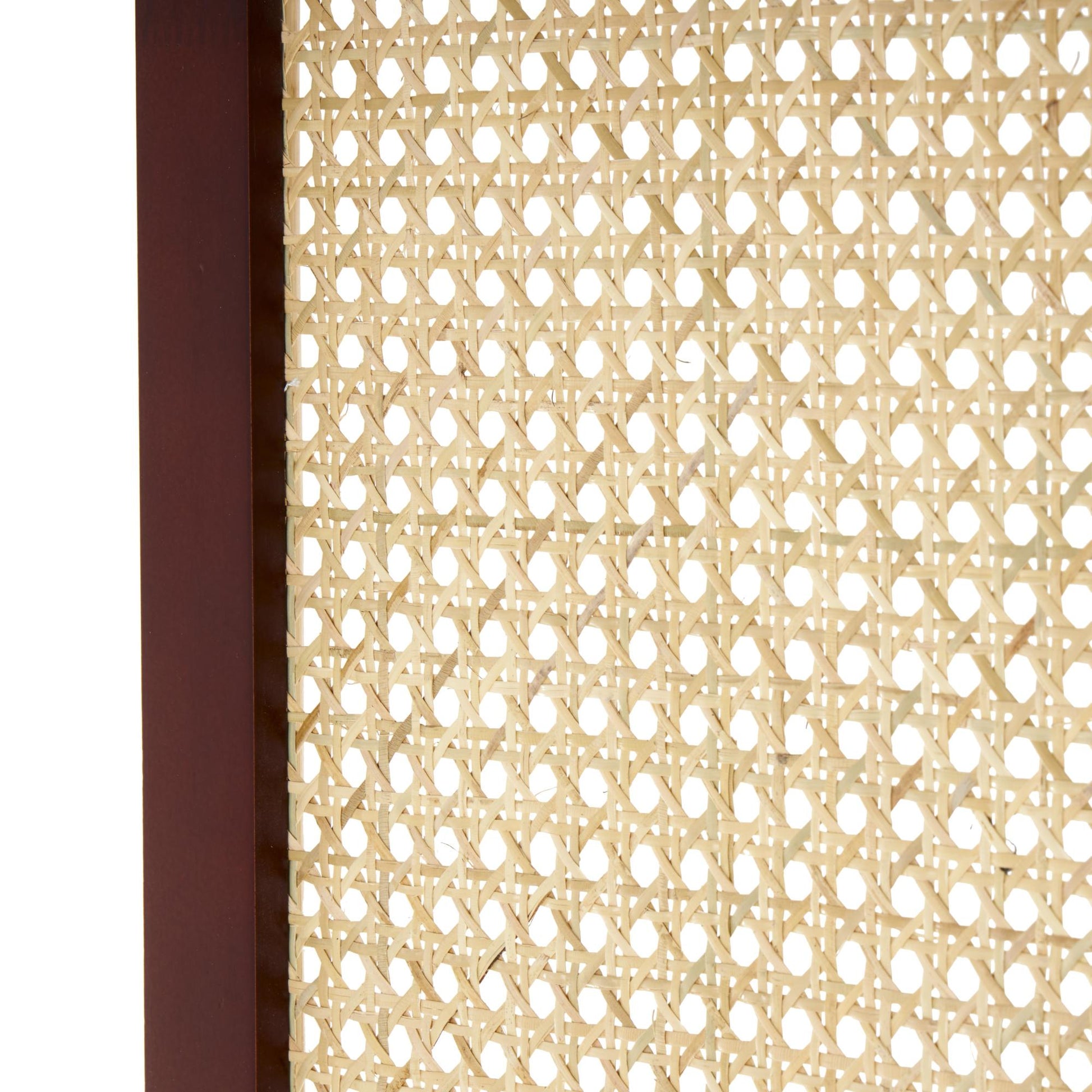 Wood Arched 3 Panel Partition Room Divider Screen with Slatted Wood Base and Tan Rattan Panels