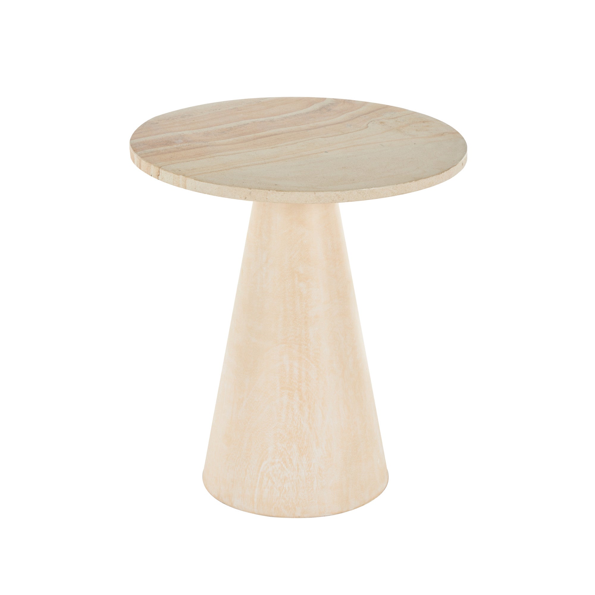 Cream Teak Wood Handmade Cone Side End Accent Table with Beige Marble Tabletop