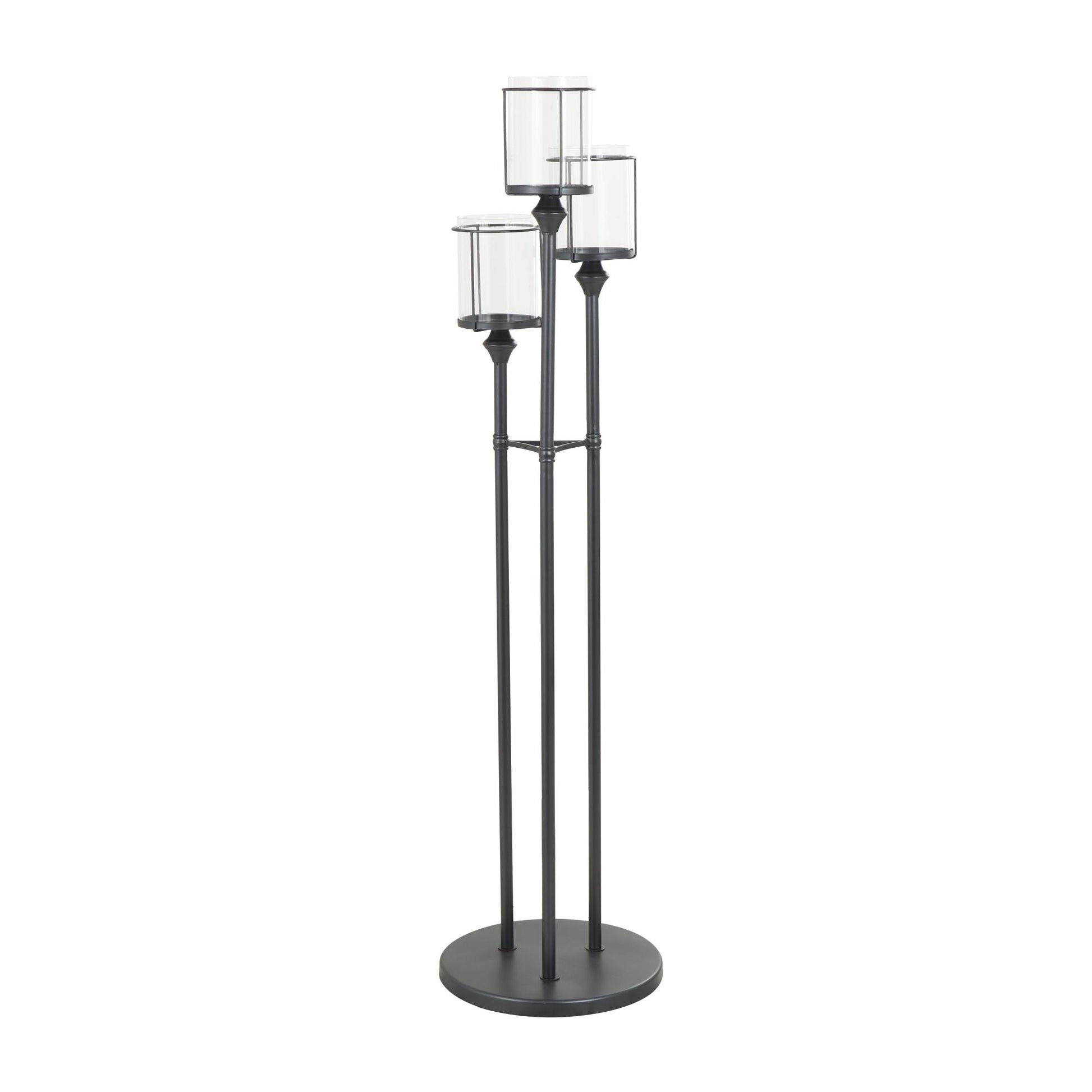 Black Metal Tall Floor Room Hurricane Lamp with 3 Posts and Round Base